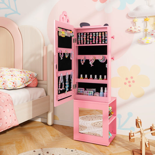 3-in-1 Freestanding Kids Jewelry Cabinet Armoire with Full Length Mirror, Pink Kids Vanities Pink  at Gallery Canada