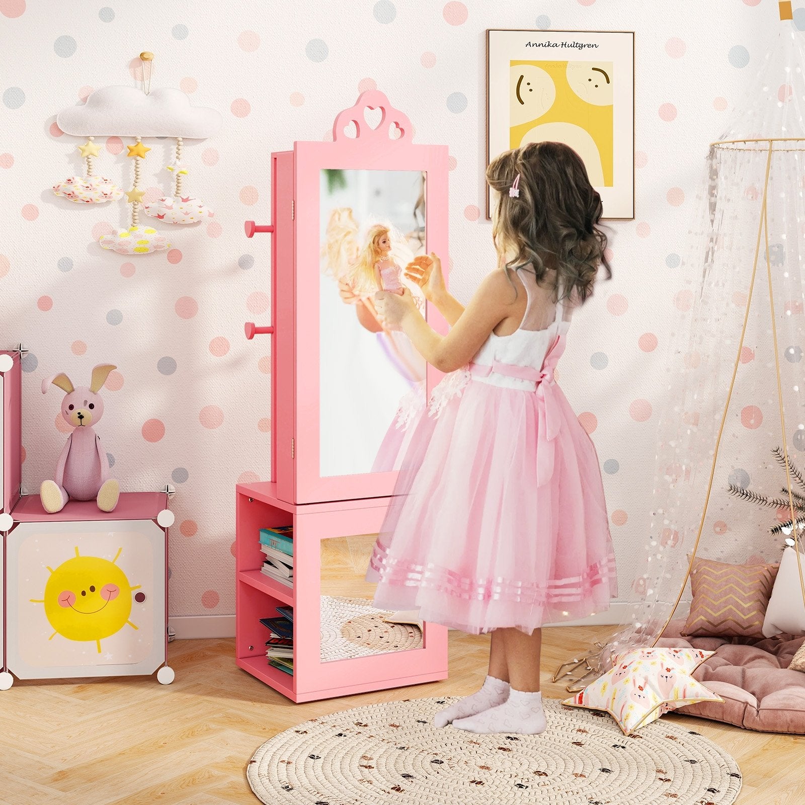 3-in-1 Freestanding Kids Jewelry Cabinet Armoire with Full Length Mirror, Pink Kids Vanities   at Gallery Canada