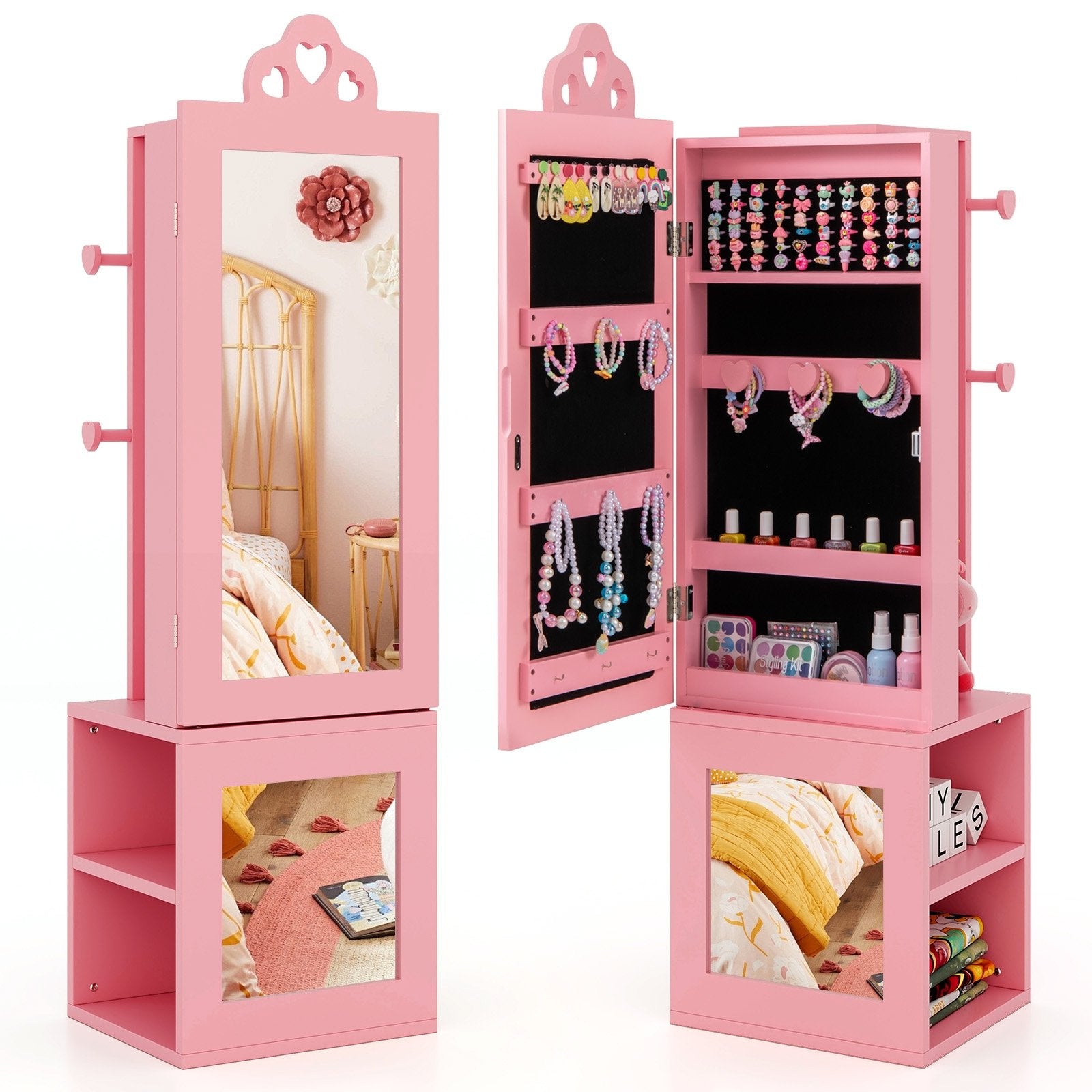 3-in-1 Freestanding Kids Jewelry Cabinet Armoire with Full Length Mirror, Pink Kids Vanities Pink  at Gallery Canada