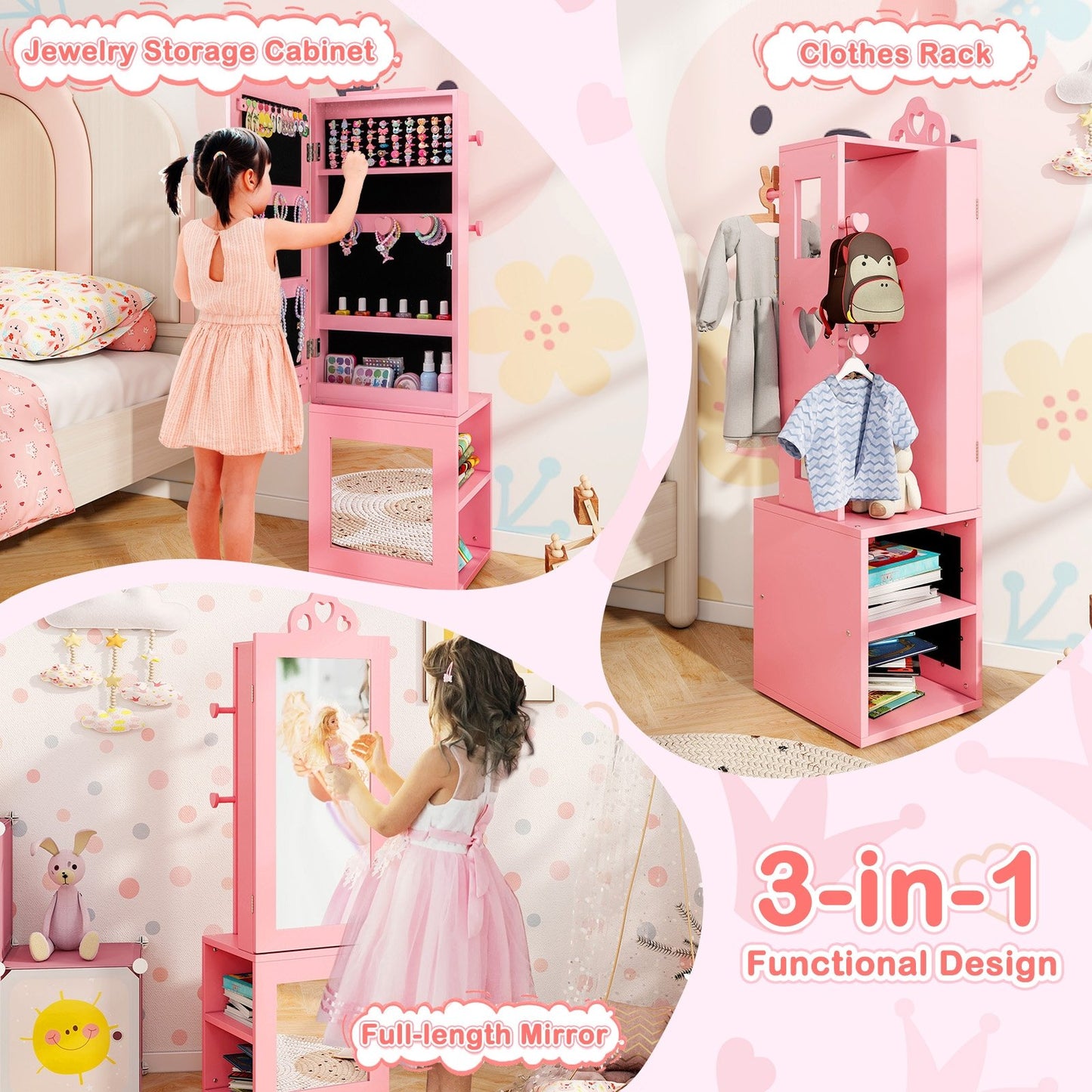 3-in-1 Freestanding Kids Jewelry Cabinet Armoire with Full Length Mirror, Pink Kids Vanities   at Gallery Canada