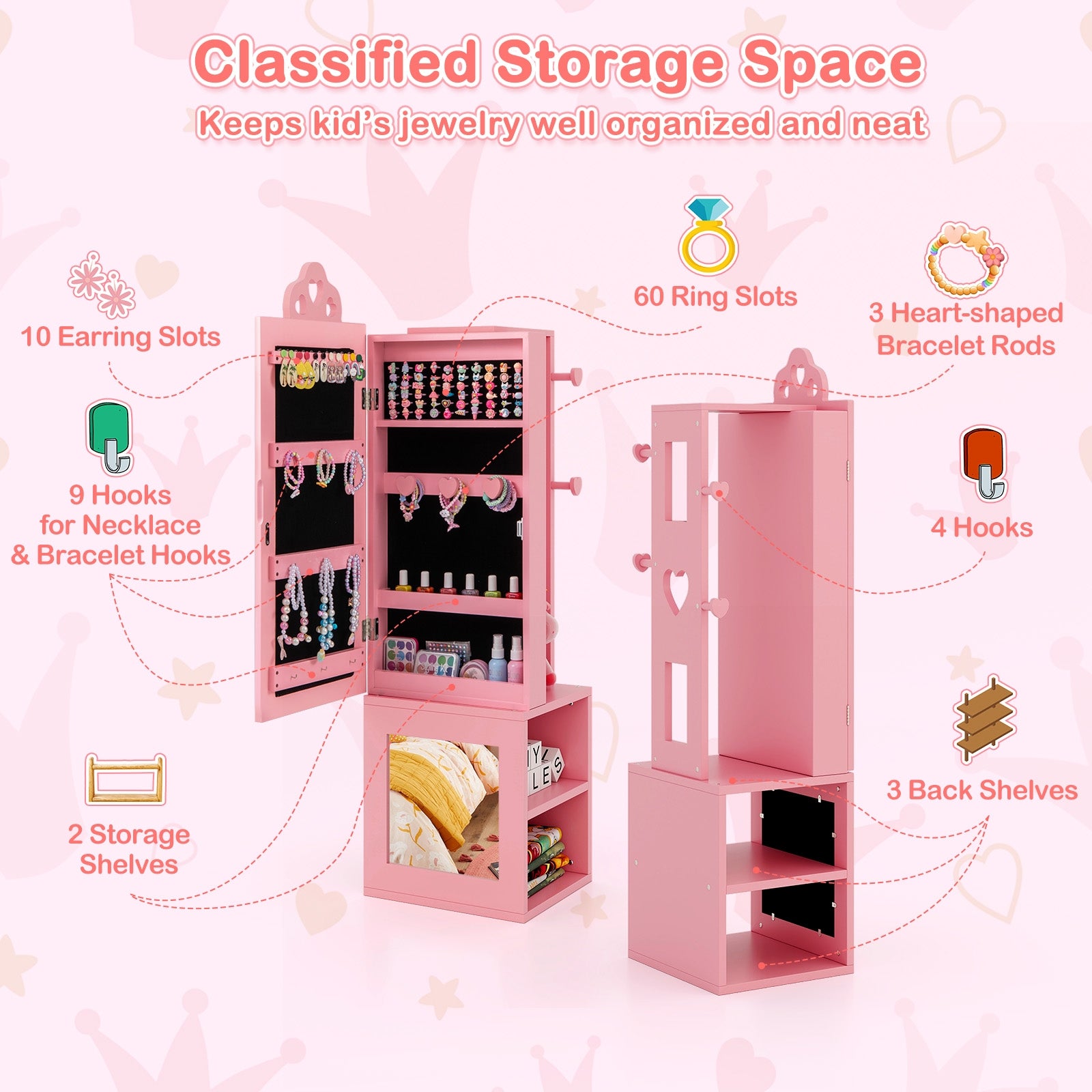 3-in-1 Freestanding Kids Jewelry Cabinet Armoire with Full Length Mirror, Pink Kids Vanities   at Gallery Canada