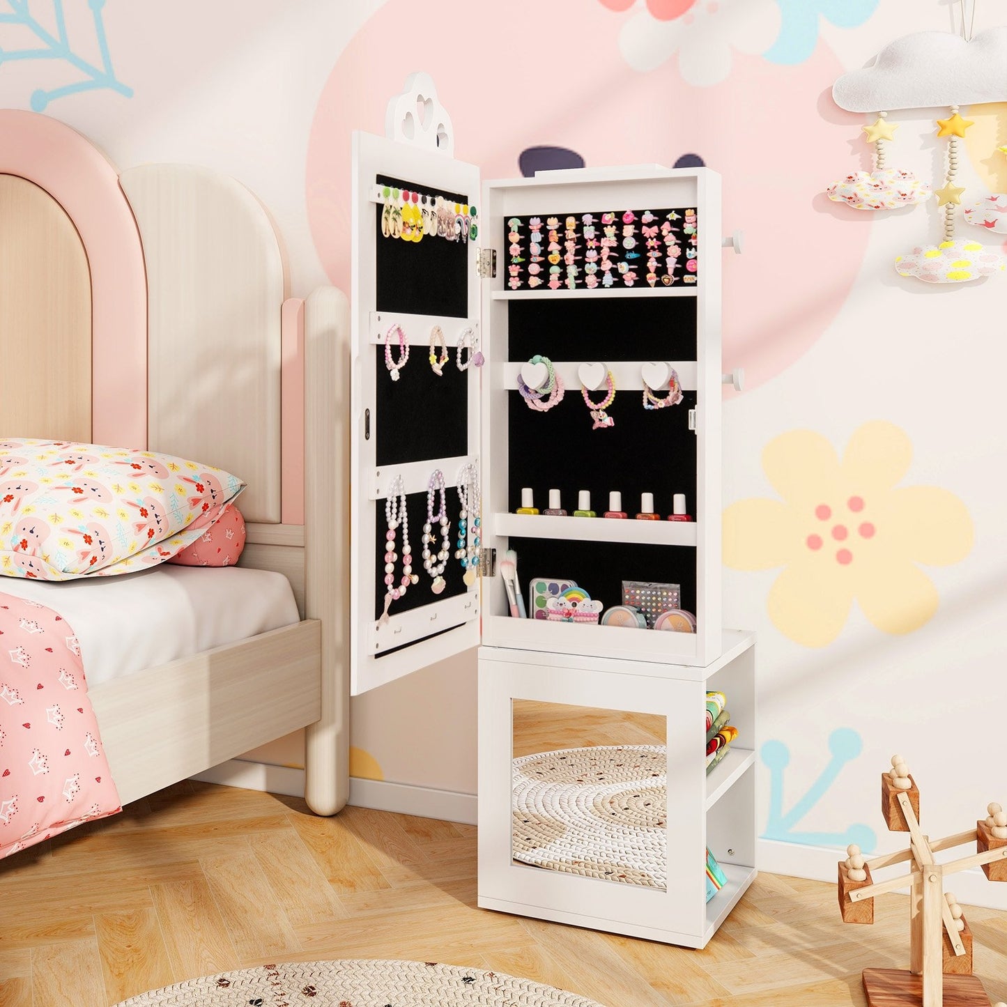 3-in-1 Freestanding Kids Jewelry Cabinet Armoire with Full Length Mirror, White Kids Vanities   at Gallery Canada