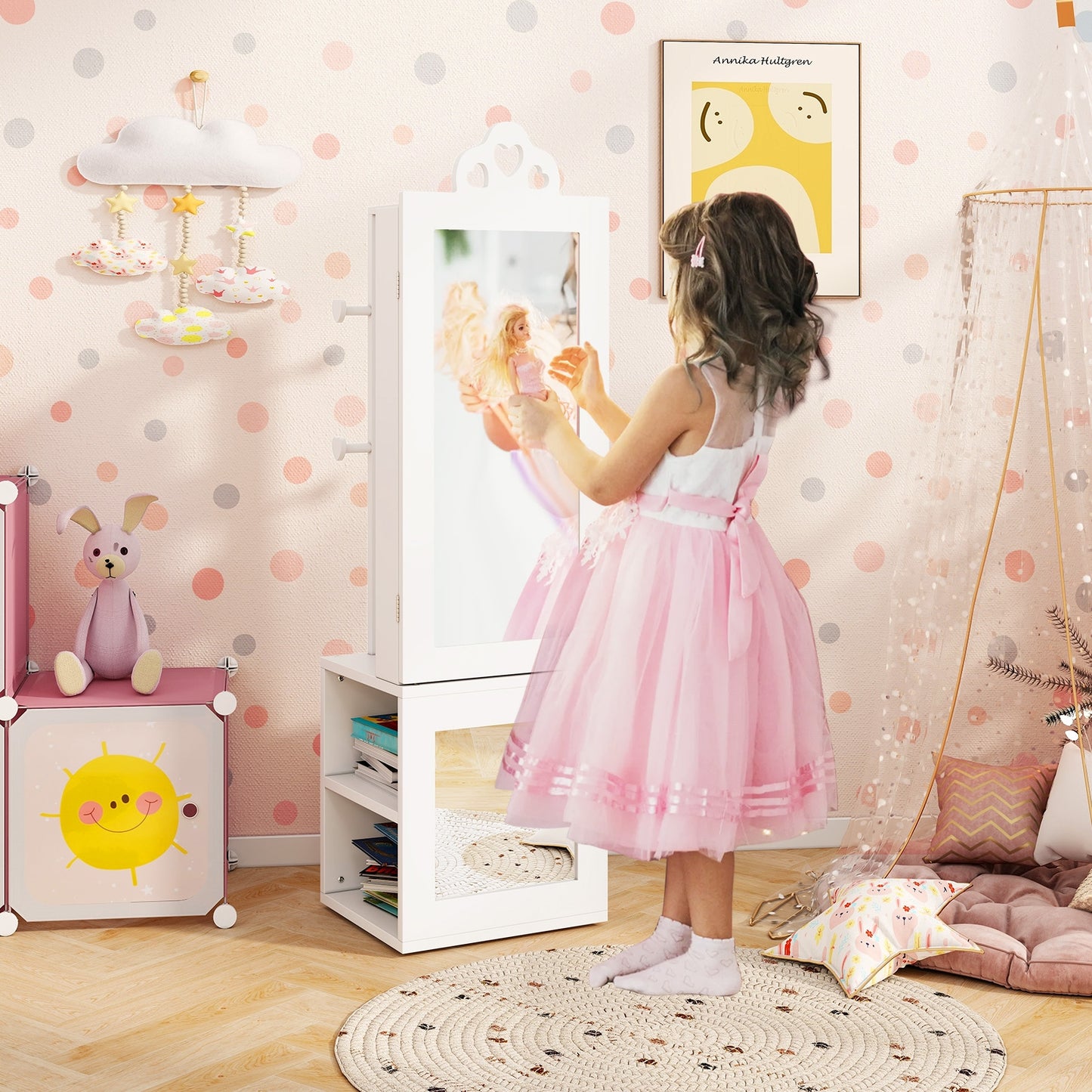 3-in-1 Freestanding Kids Jewelry Cabinet Armoire with Full Length Mirror, White Kids Vanities   at Gallery Canada