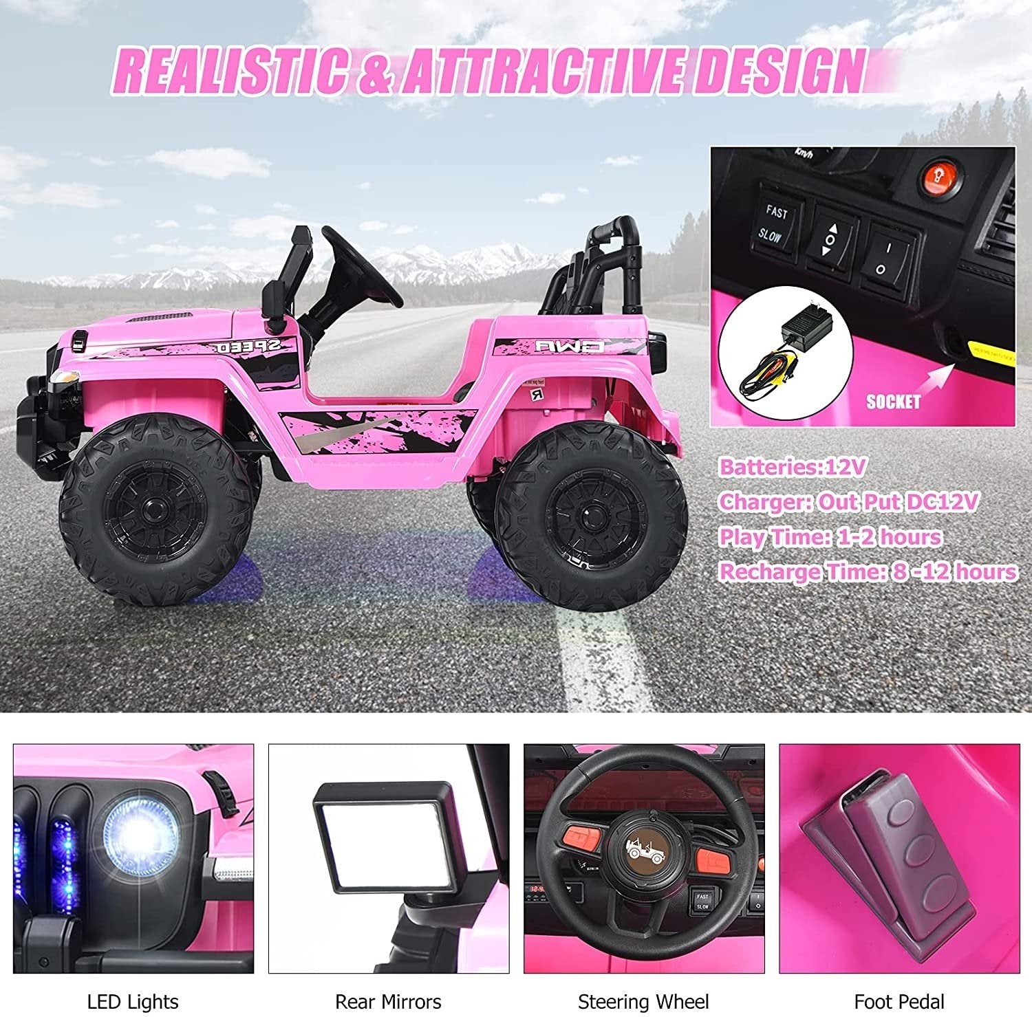 12V Kids Ride-on Jeep Car with 2.4 G Remote Control, Pink Powered Ride On Toys   at Gallery Canada