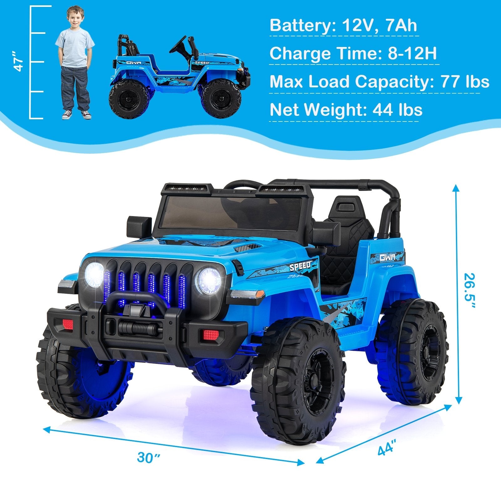 12V Kids Ride-on Jeep Car with 2.4 G Remote Control, Blue Powered Ride On Toys   at Gallery Canada