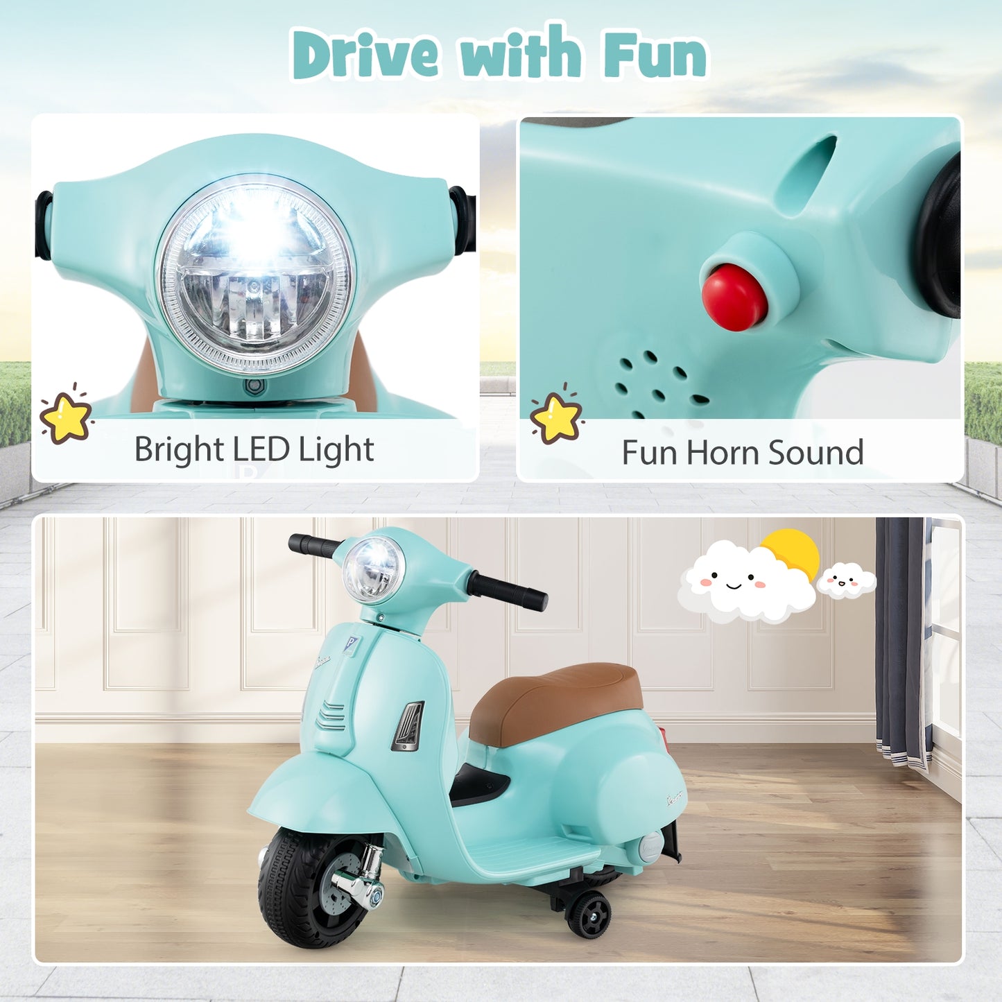 Licensed Vespa Kids Ride on Motorcycle with LED Headlight and Horn Sound, Green Powered Ride On Toys   at Gallery Canada