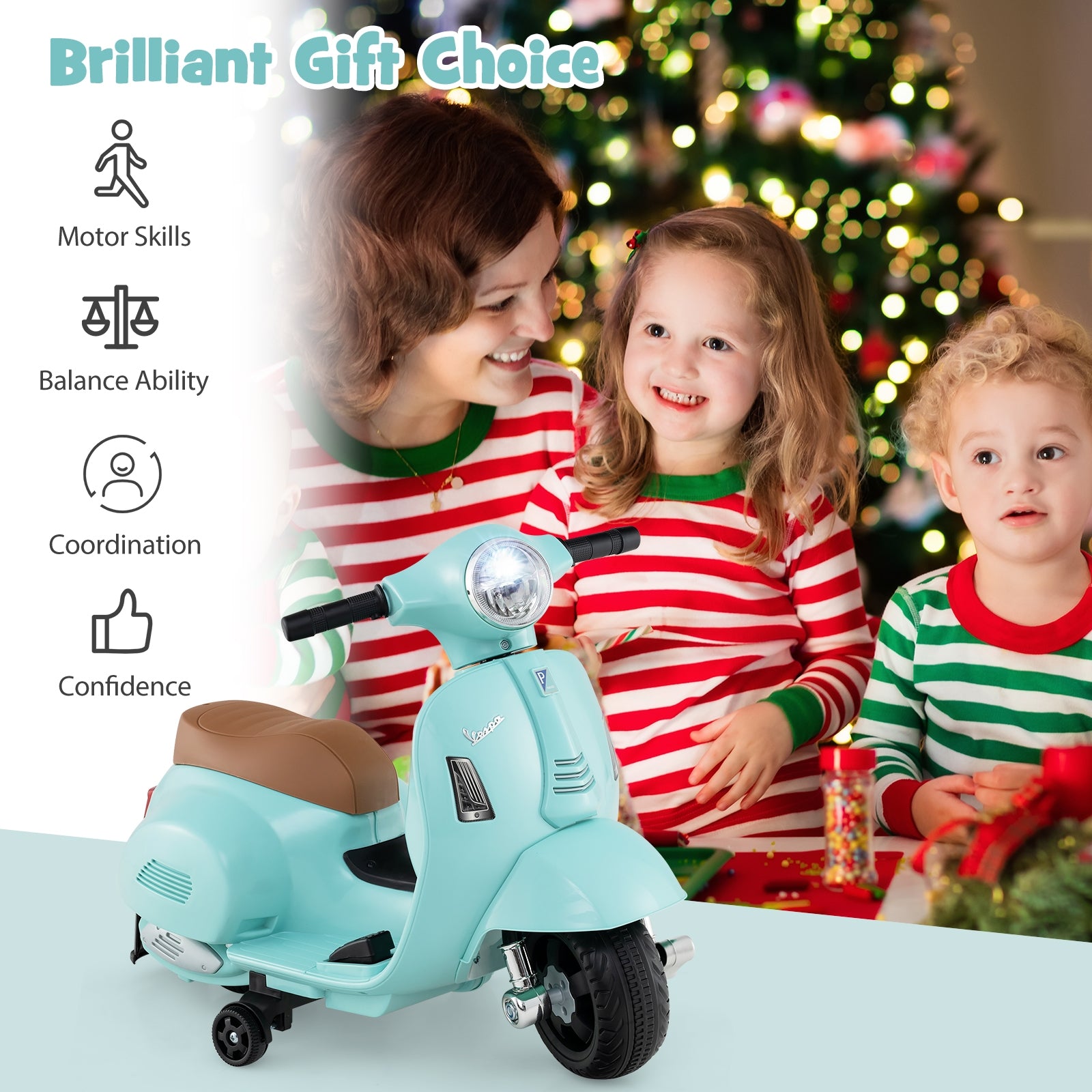 Licensed Vespa Kids Ride on Motorcycle with LED Headlight and Horn Sound, Green Powered Ride On Toys   at Gallery Canada