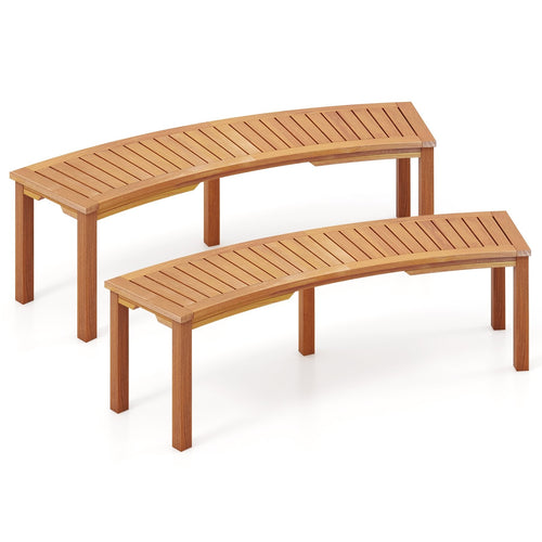 Outdoor Curved Acacia Wood Fire Pit Bench with Slatted Seat-Set of 2, Natural