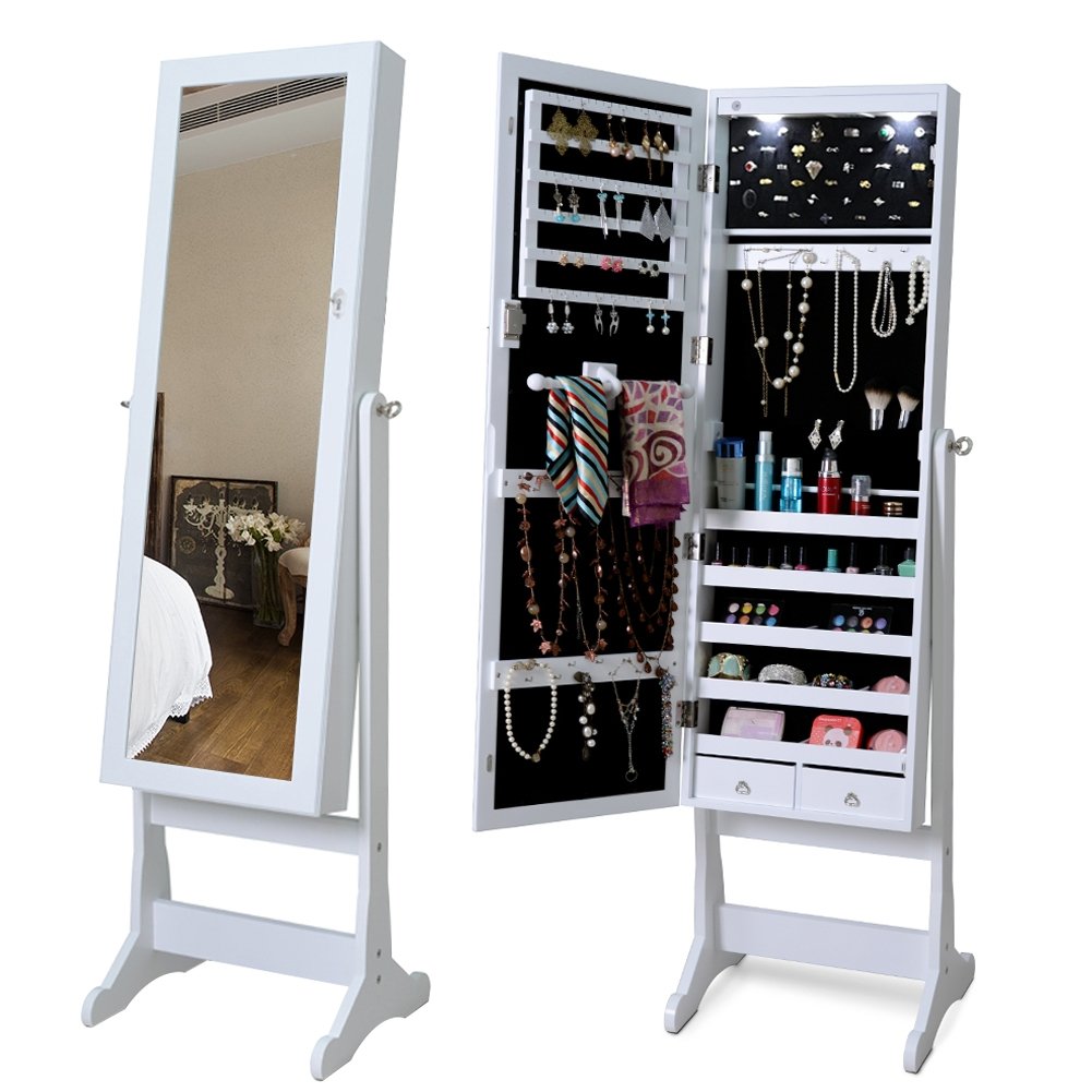 Lockable Freestanding Jewelry Cabinet Armoire with Full-Length Mirror and Lights, White Jewelry Armoires White  at Gallery Canada