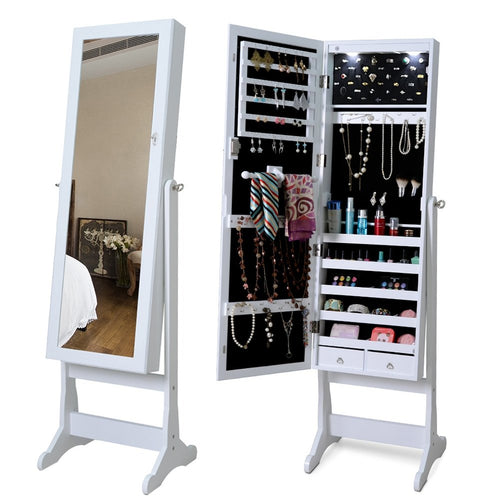 Lockable Freestanding Jewelry Cabinet Armoire with Full-Length Mirror and Lights, White