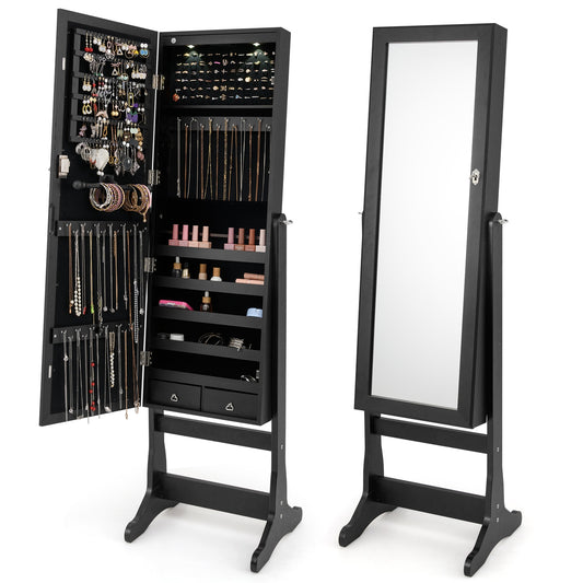 Lockable Freestanding Jewelry Cabinet Armoire with Full-Length Mirror and Lights, Black Jewelry Armoires Black  at Gallery Canada