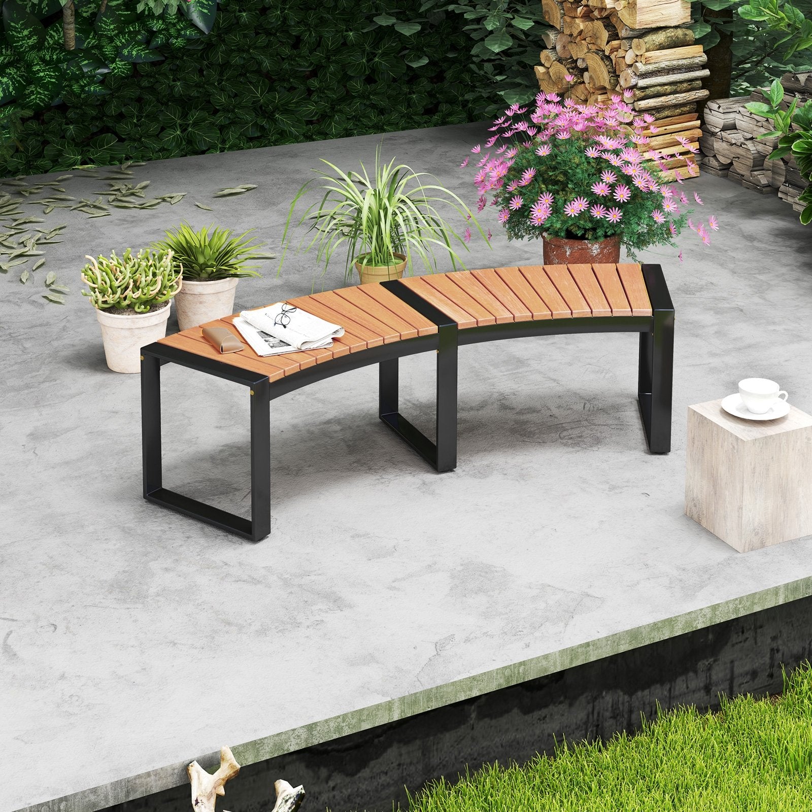 Patio Curved Bench with Slatted Seat and Metal Legs-1 Piece Outdoor Benches   at Gallery Canada