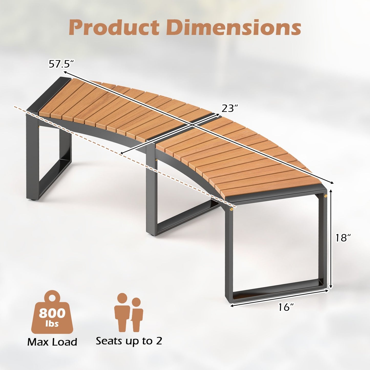 Patio Curved Bench with Slatted Seat and Metal Legs-1 Piece Outdoor Benches   at Gallery Canada