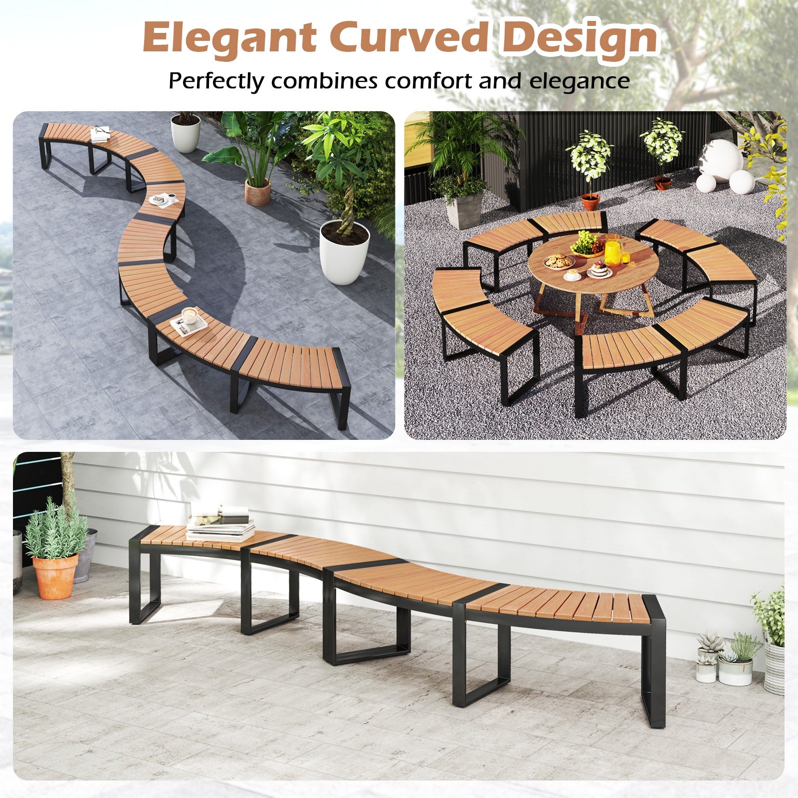 Patio Curved Bench with Slatted Seat and Metal Legs-1 Piece Outdoor Benches   at Gallery Canada