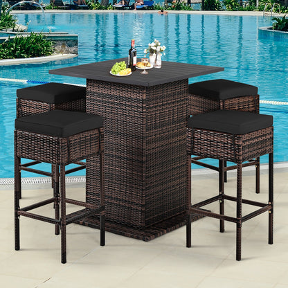 5 Pieces Patio Rattan Bar Furniture Set with Cushions and Hidden Storage Shelf, Black Patio Bar Furniture   at Gallery Canada