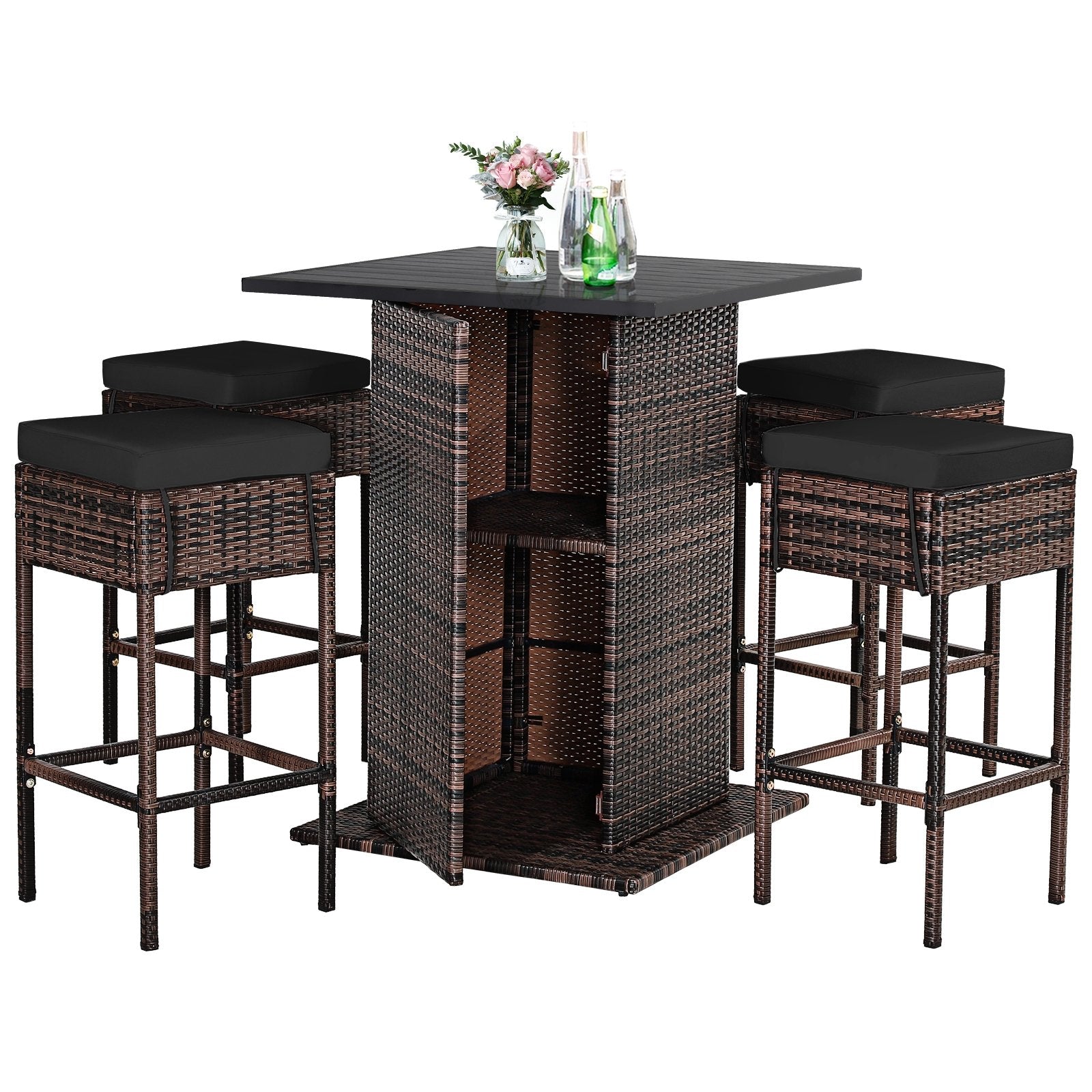 5 Pieces Patio Rattan Bar Furniture Set with Cushions and Hidden Storage Shelf, Black Patio Bar Furniture   at Gallery Canada