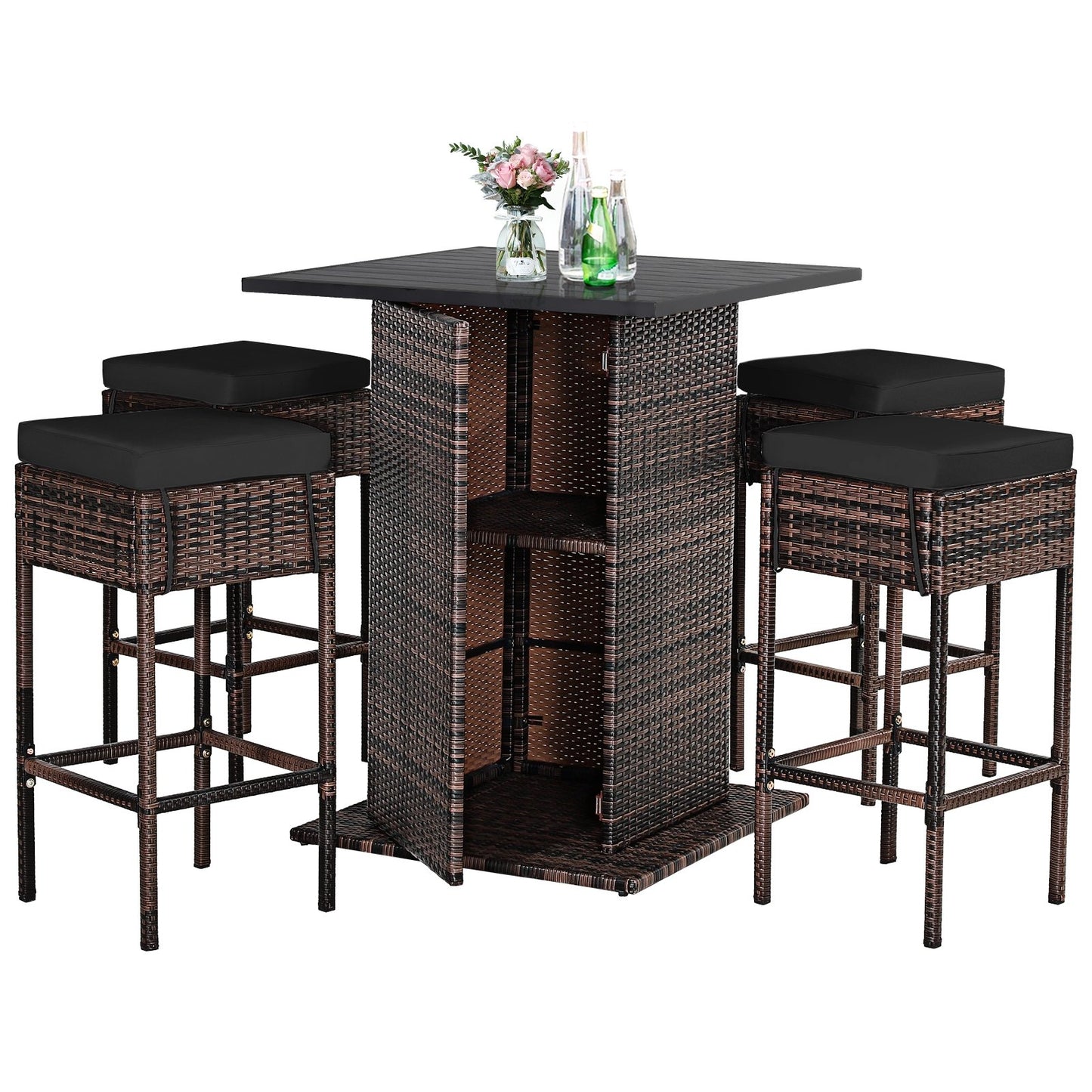 5 Pieces Patio Rattan Bar Furniture Set with Cushions and Hidden Storage Shelf, Black Patio Bar Furniture   at Gallery Canada