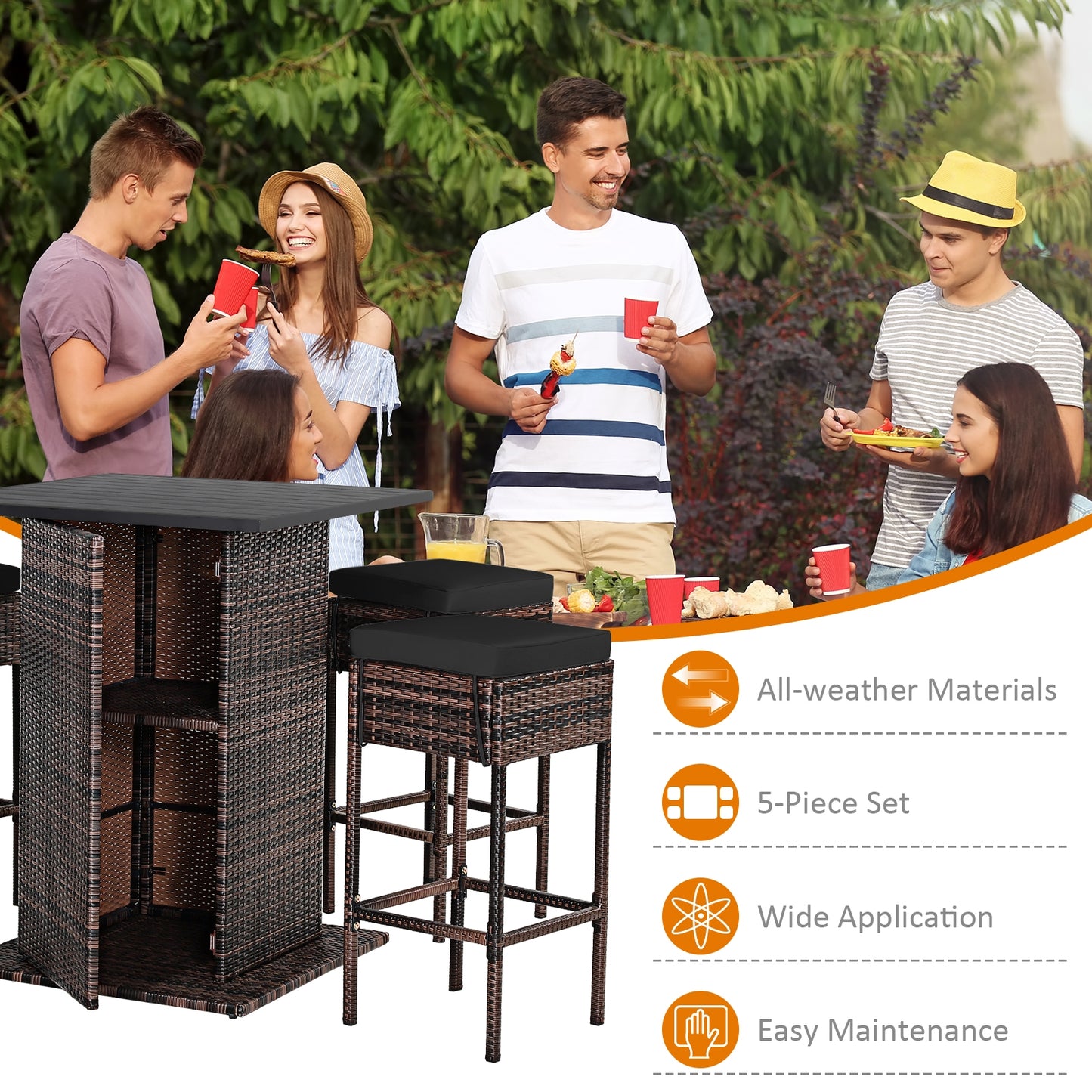 5 Pieces Patio Rattan Bar Furniture Set with Cushions and Hidden Storage Shelf, Black Patio Bar Furniture   at Gallery Canada