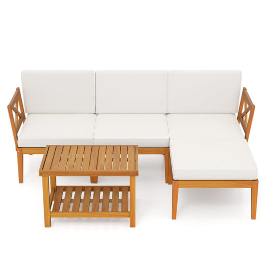 5 Pieces Acacia Wood Patio Furniture Set with 2-Tier Coffee Table and Cushions, White Patio Conversation Sets White  at Gallery Canada