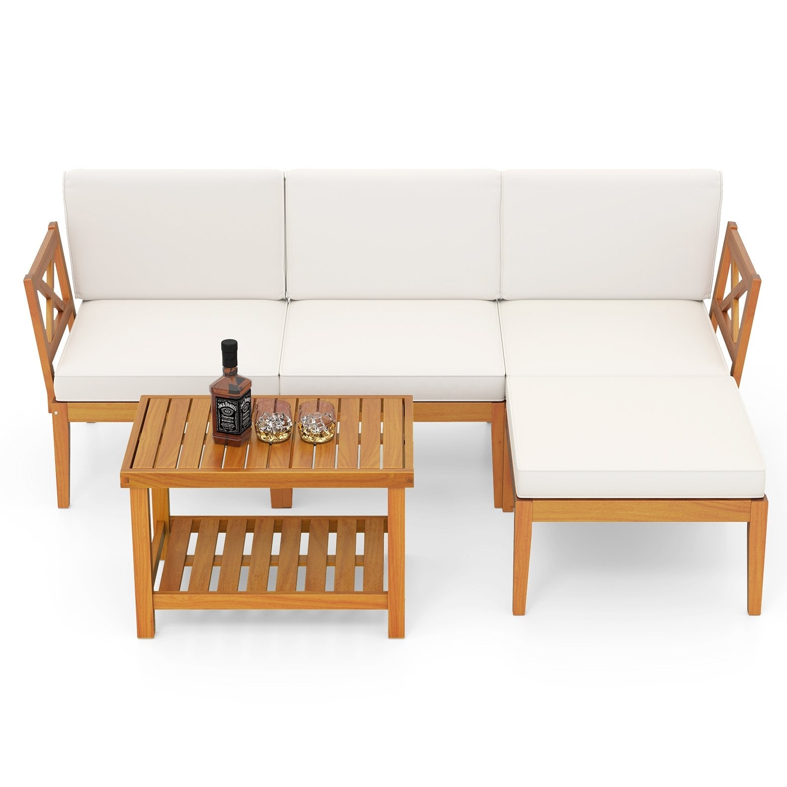 5 Pieces Acacia Wood Patio Furniture Set with 2-Tier Coffee Table and Cushions, White Patio Conversation Sets   at Gallery Canada