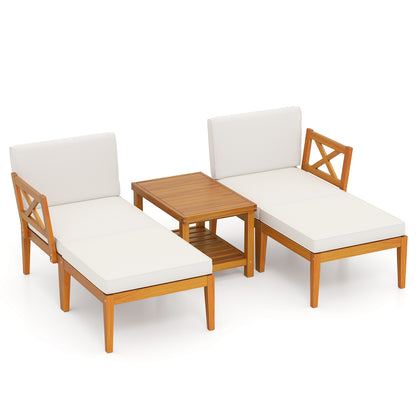 5 Pieces Acacia Wood Patio Chaise Lounge Chair Set with Ottoman and Cushions, White Patio Conversation Sets White  at Gallery Canada