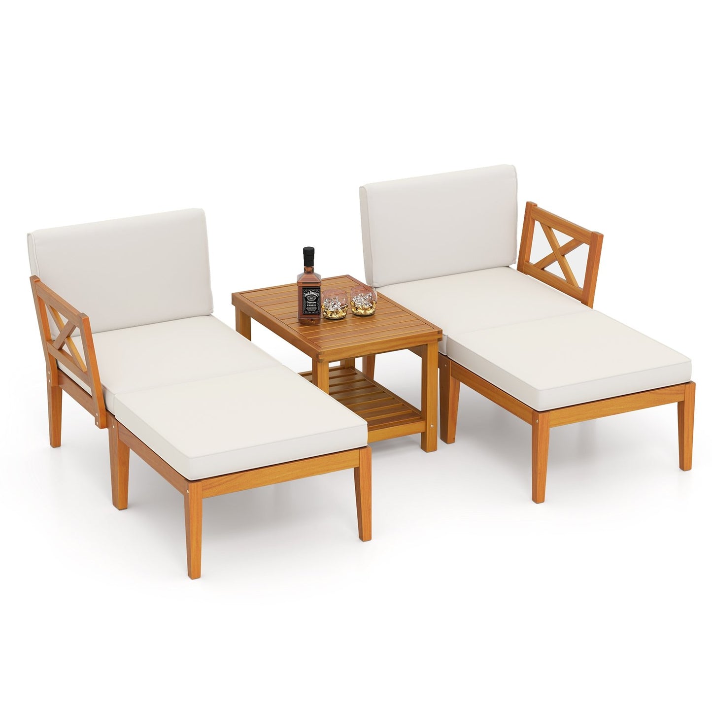 5 Pieces Acacia Wood Patio Chaise Lounge Chair Set with Ottoman and Cushions, White Patio Conversation Sets   at Gallery Canada