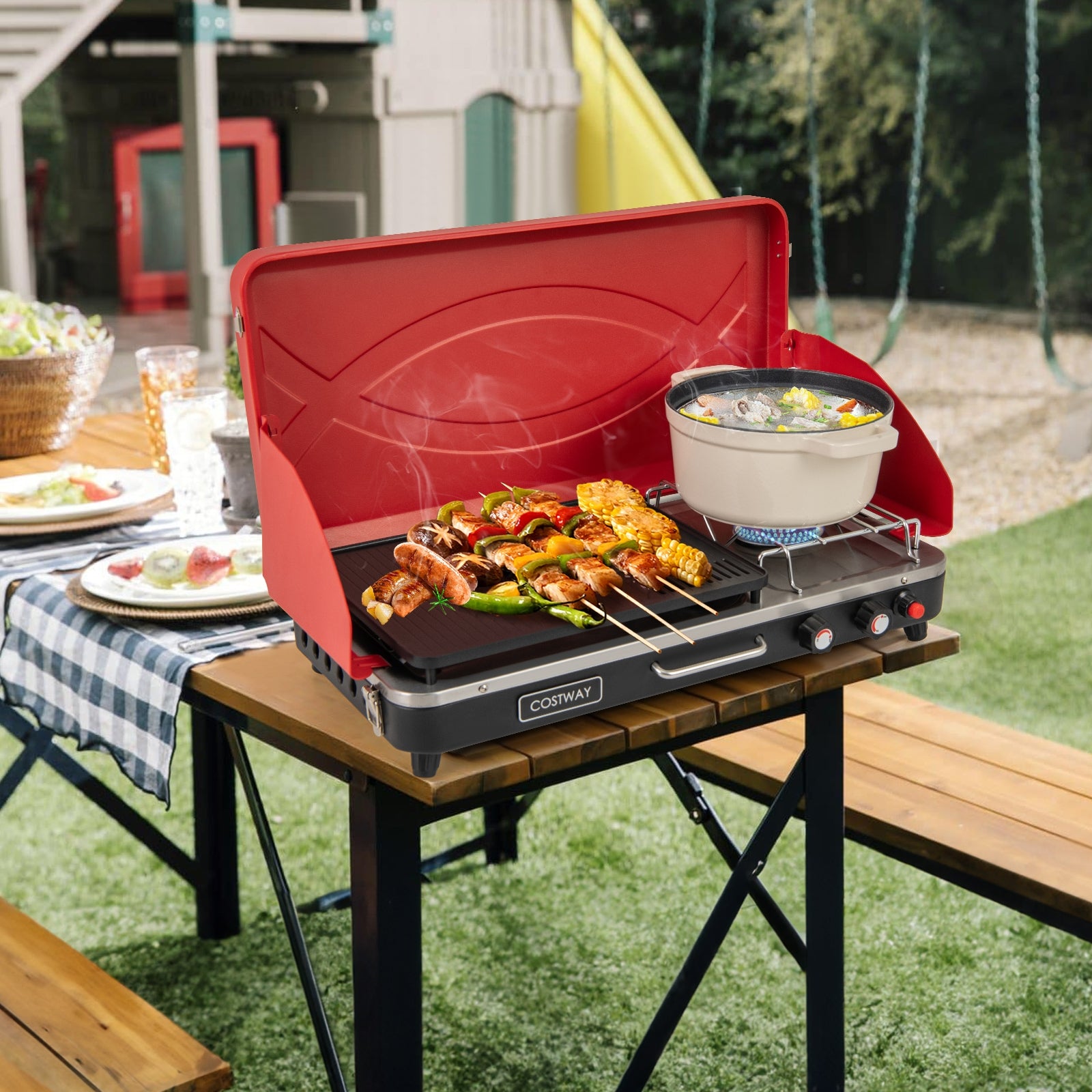 2-in-1 Gas Camping Grill and Stove with 4 Detachable Legs, Red Outdoor Grills at Gallery Canada