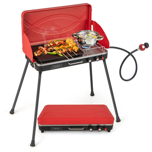2-in-1 Gas Camping Grill and Stove with 4 Detachable Legs, Red