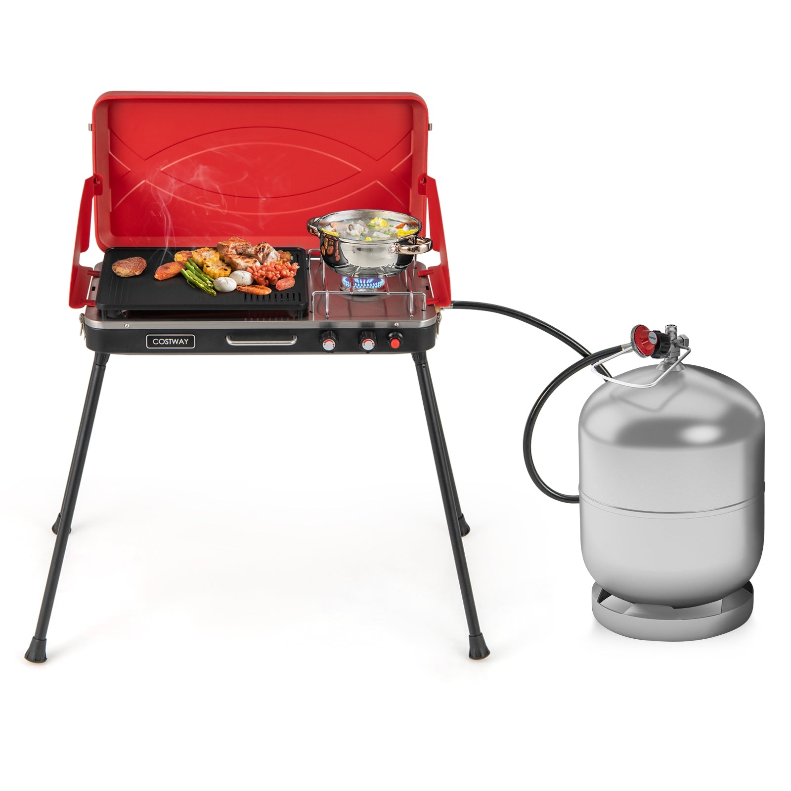2-in-1 Gas Camping Grill and Stove with 4 Detachable Legs, Red Outdoor Grills at Gallery Canada
