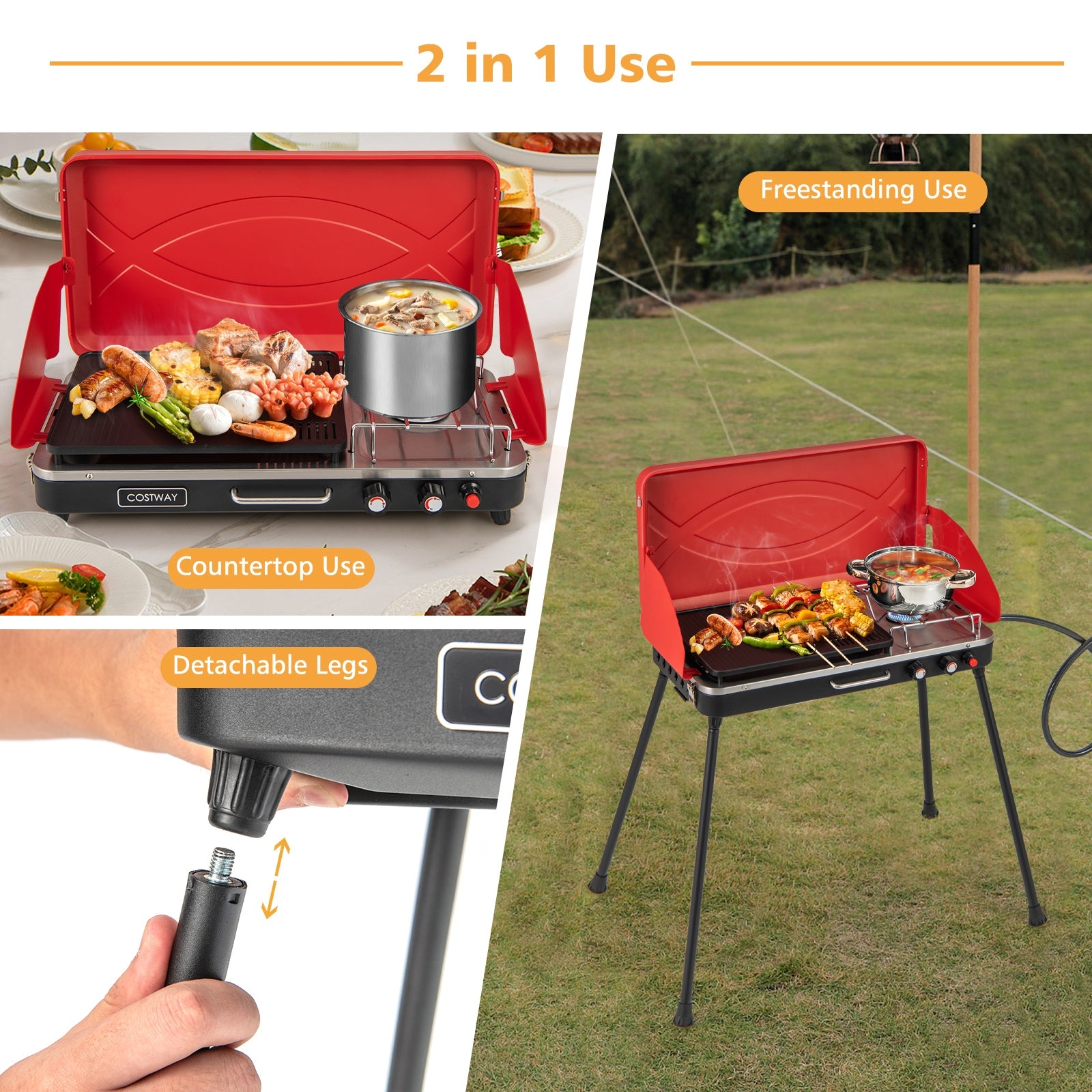 2-in-1 Gas Camping Grill and Stove with 4 Detachable Legs, Red Outdoor Grills at Gallery Canada