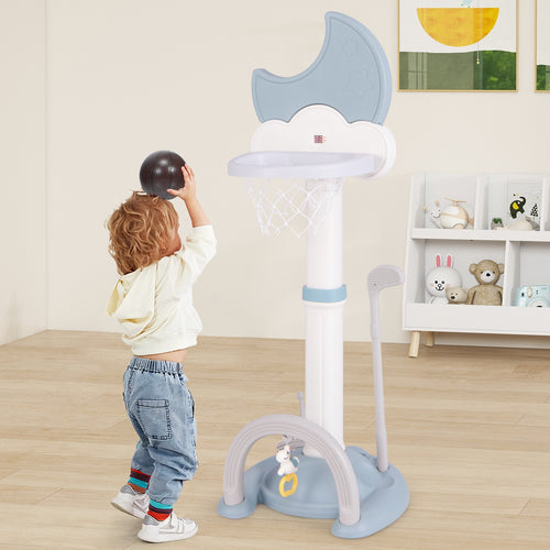 4-In-1 Kids Basketball Hoop with Moon-shaped Electronic Scoreboard and Play Set, Blue