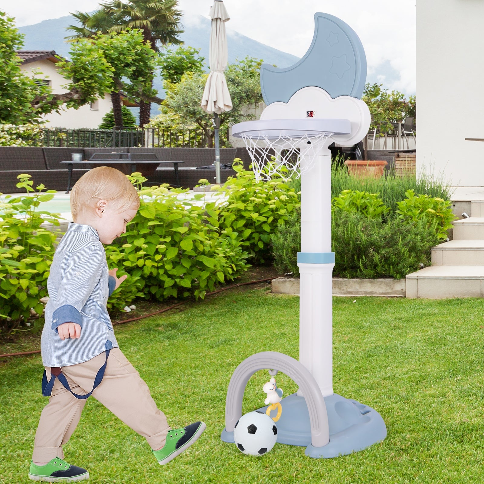 4-In-1 Kids Basketball Hoop with Moon-shaped Electronic Scoreboard and Play Set, Blue Baby Gyms & Playmats at Gallery Canada