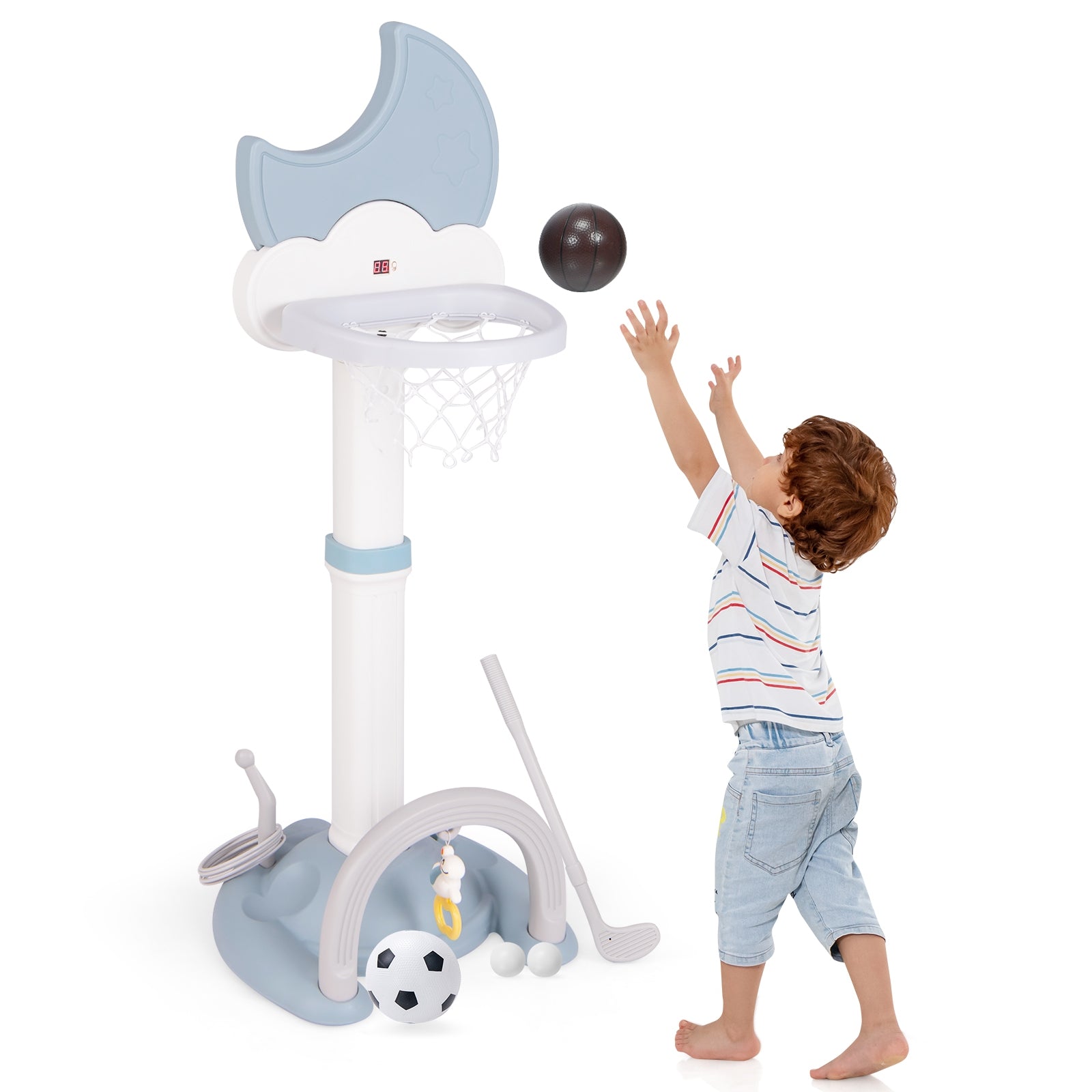 4-In-1 Kids Basketball Hoop with Moon-shaped Electronic Scoreboard and Play Set, Blue Baby Gyms & Playmats at Gallery Canada
