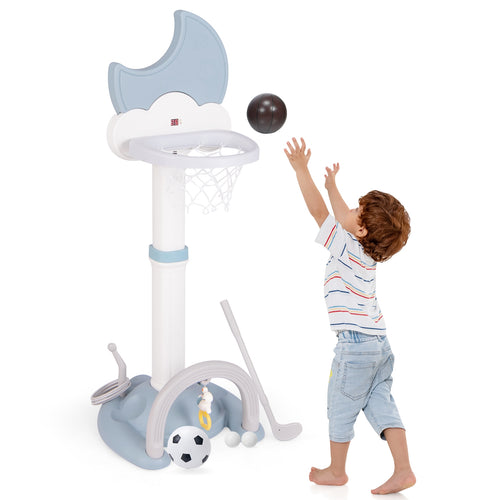 4-In-1 Kids Basketball Hoop with Moon-shaped Electronic Scoreboard and Play Set, Blue