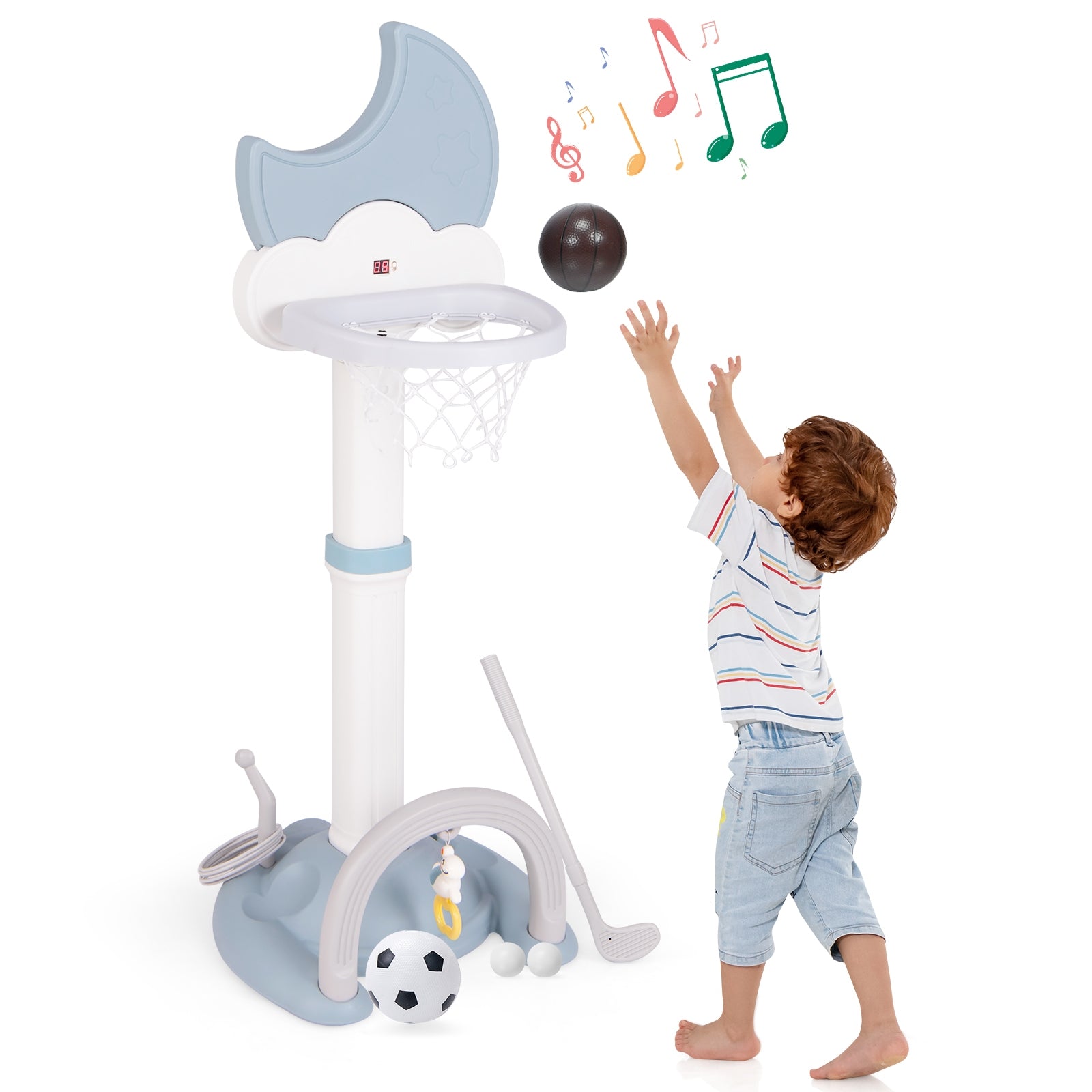 4-In-1 Kids Basketball Hoop with Moon-shaped Electronic Scoreboard and Play Set, Blue Baby Gyms & Playmats at Gallery Canada