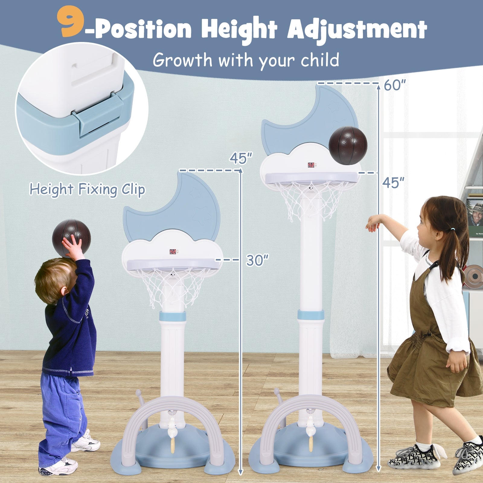 4-In-1 Kids Basketball Hoop with Moon-shaped Electronic Scoreboard and Play Set, Blue Baby Gyms & Playmats at Gallery Canada