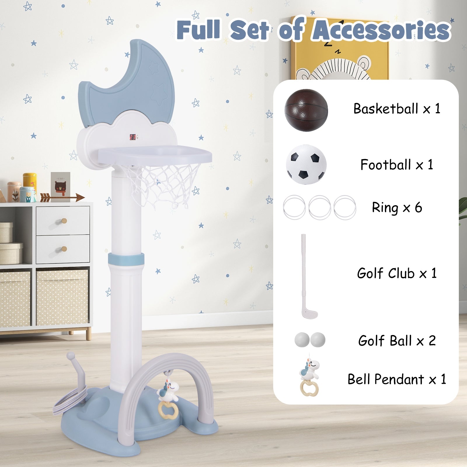 4-In-1 Kids Basketball Hoop with Moon-shaped Electronic Scoreboard and Play Set, Blue Baby Gyms & Playmats at Gallery Canada