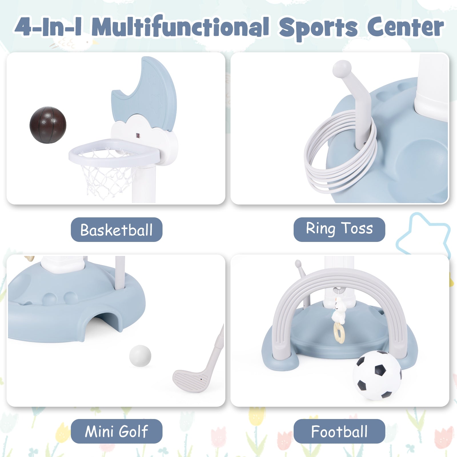 4-In-1 Kids Basketball Hoop with Moon-shaped Electronic Scoreboard and Play Set, Blue Baby Gyms & Playmats at Gallery Canada