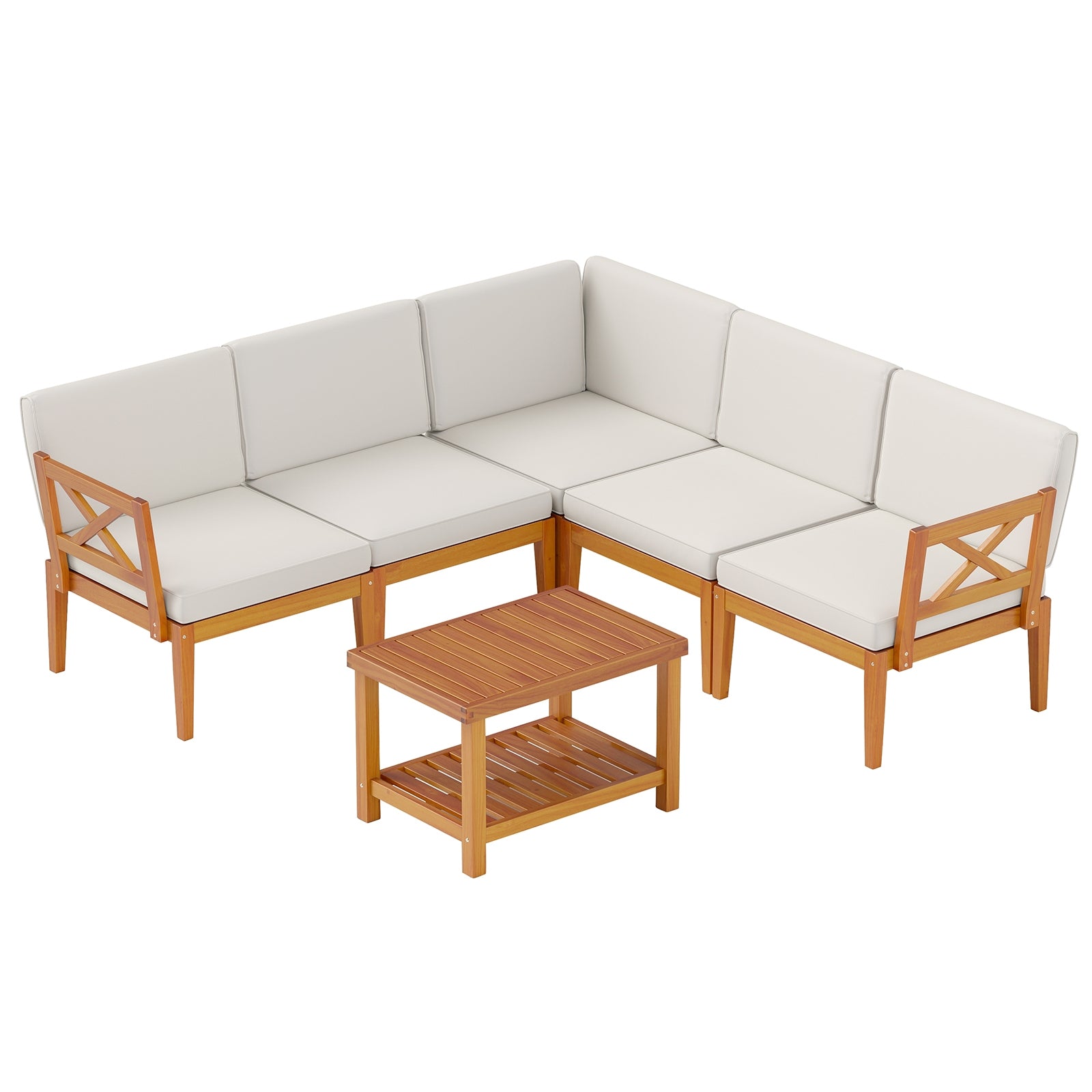 6 Pieces Acacia Wood Patio Furniture Set with Cushions and 2-Tier Coffee Table, White Patio Conversation Sets White  at Gallery Canada