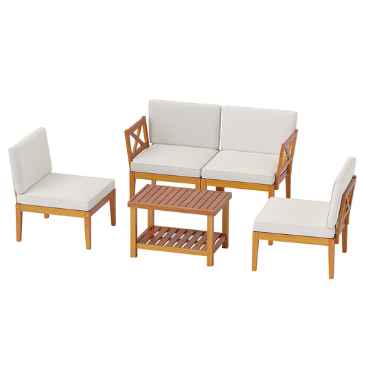 5 Pieces Acacia Wood Patio Furniture Set Outdoor Sectional Conversation Set with Cushions, Off White Patio Conversation Sets Off White  at Gallery Canada