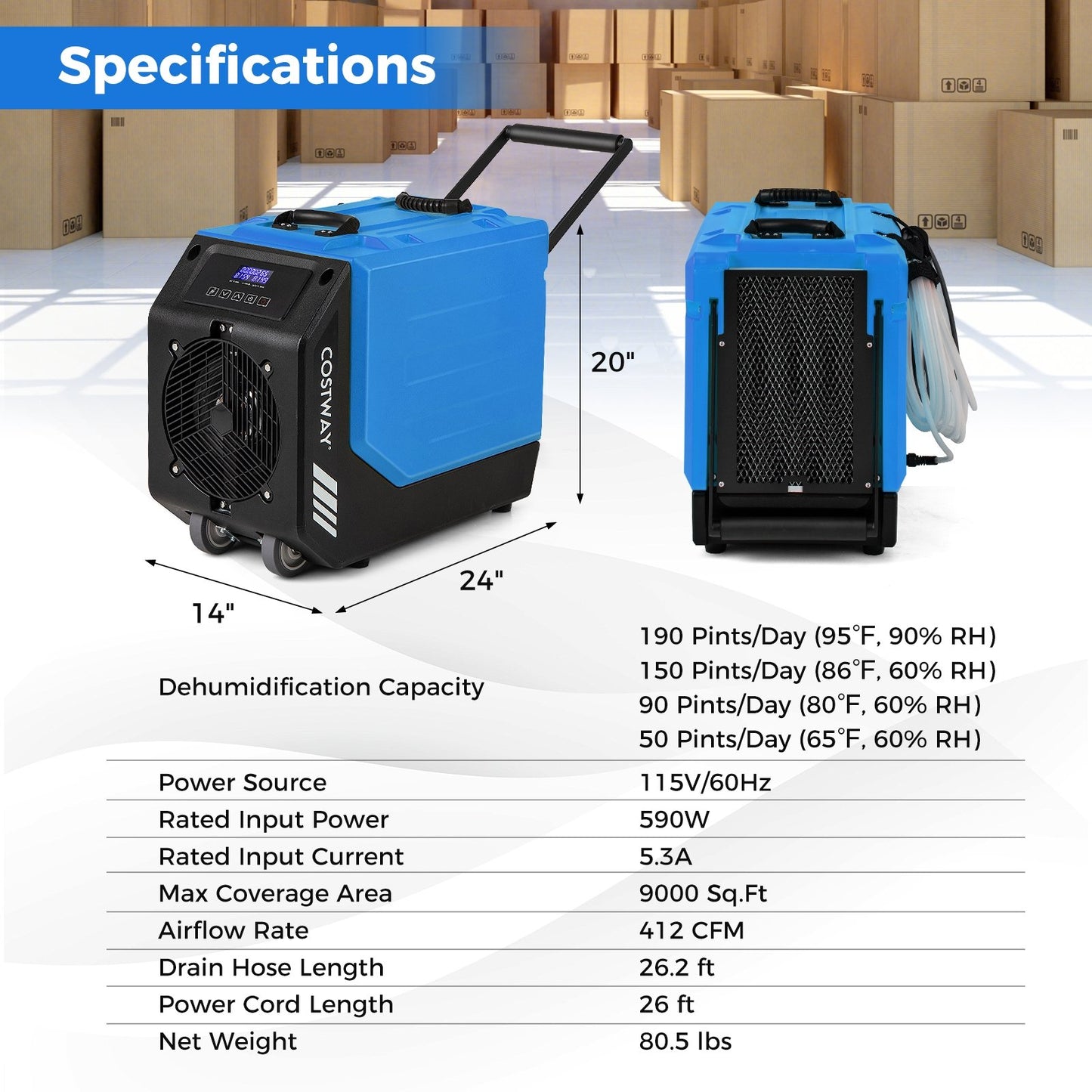 190 PPD Commercial Dehumidifier with Pump and 2 Wheels, Blue Dehumidifiers   at Gallery Canada