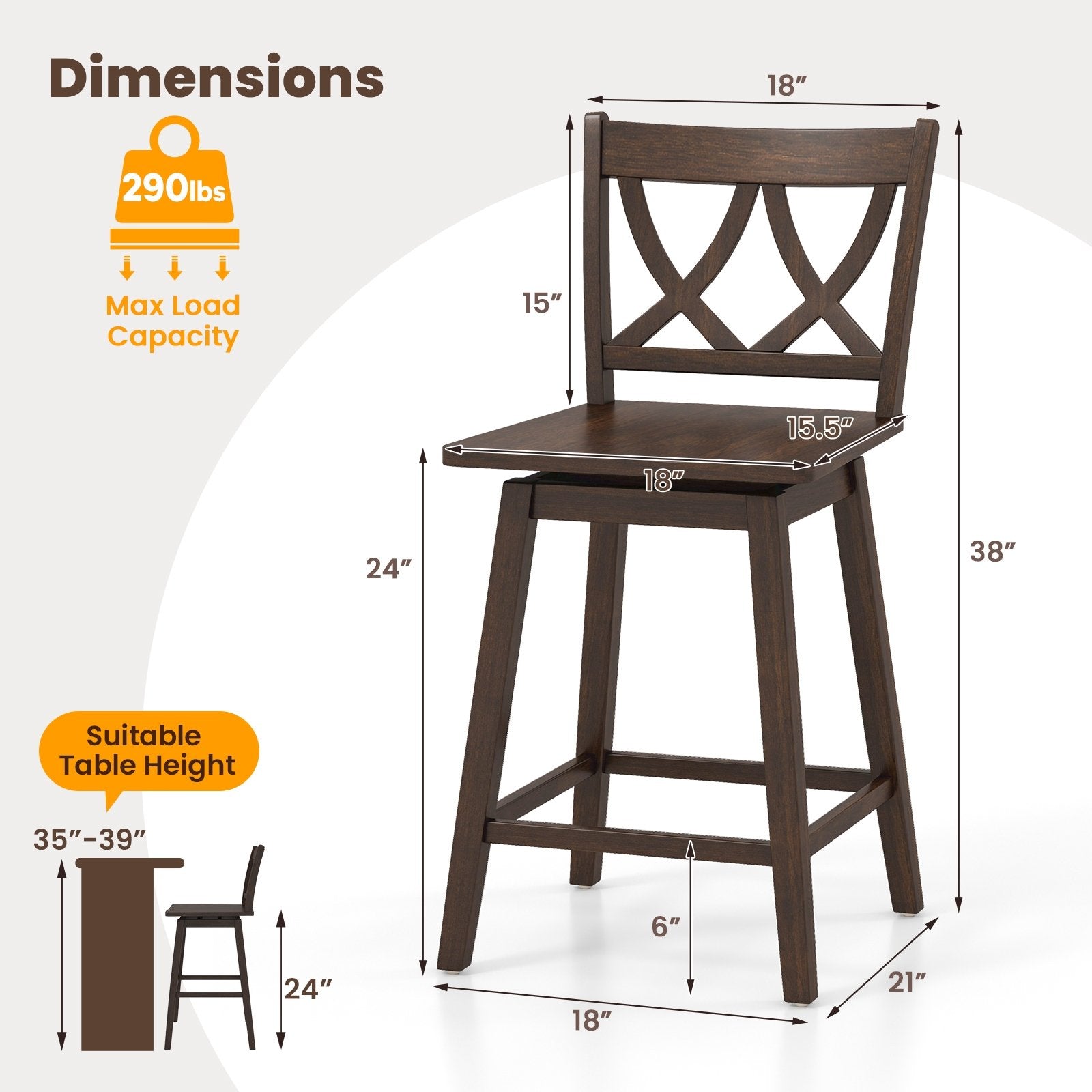 24/29 Inch Bar Stool Set of 2 Wooden Bar Chairs with Rubber Wood Frame-24 inches Bar Stools   at Gallery Canada