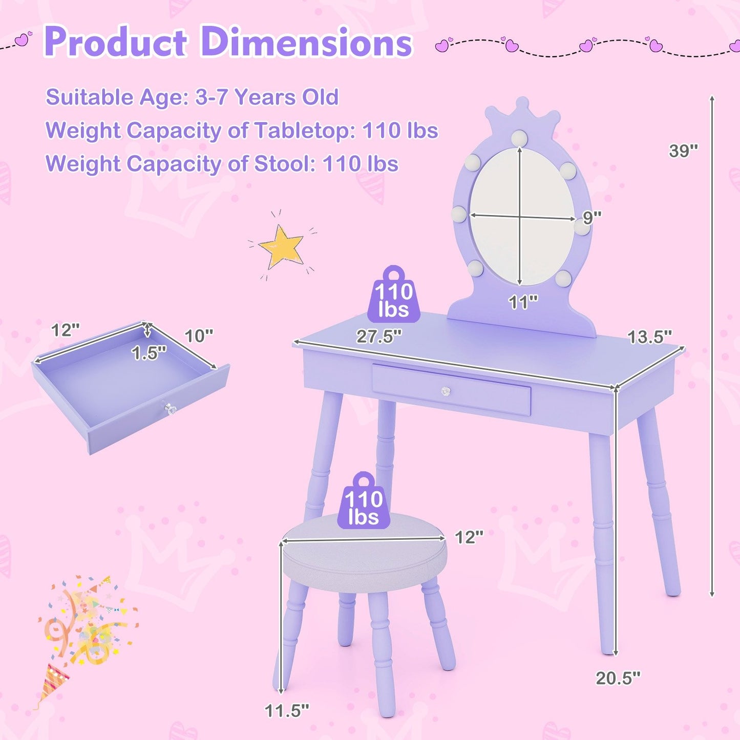 Kids Vanity Set with Lighted Mirror with Adjustable Brightness and Large Drawer, Purple Kids Vanities   at Gallery Canada