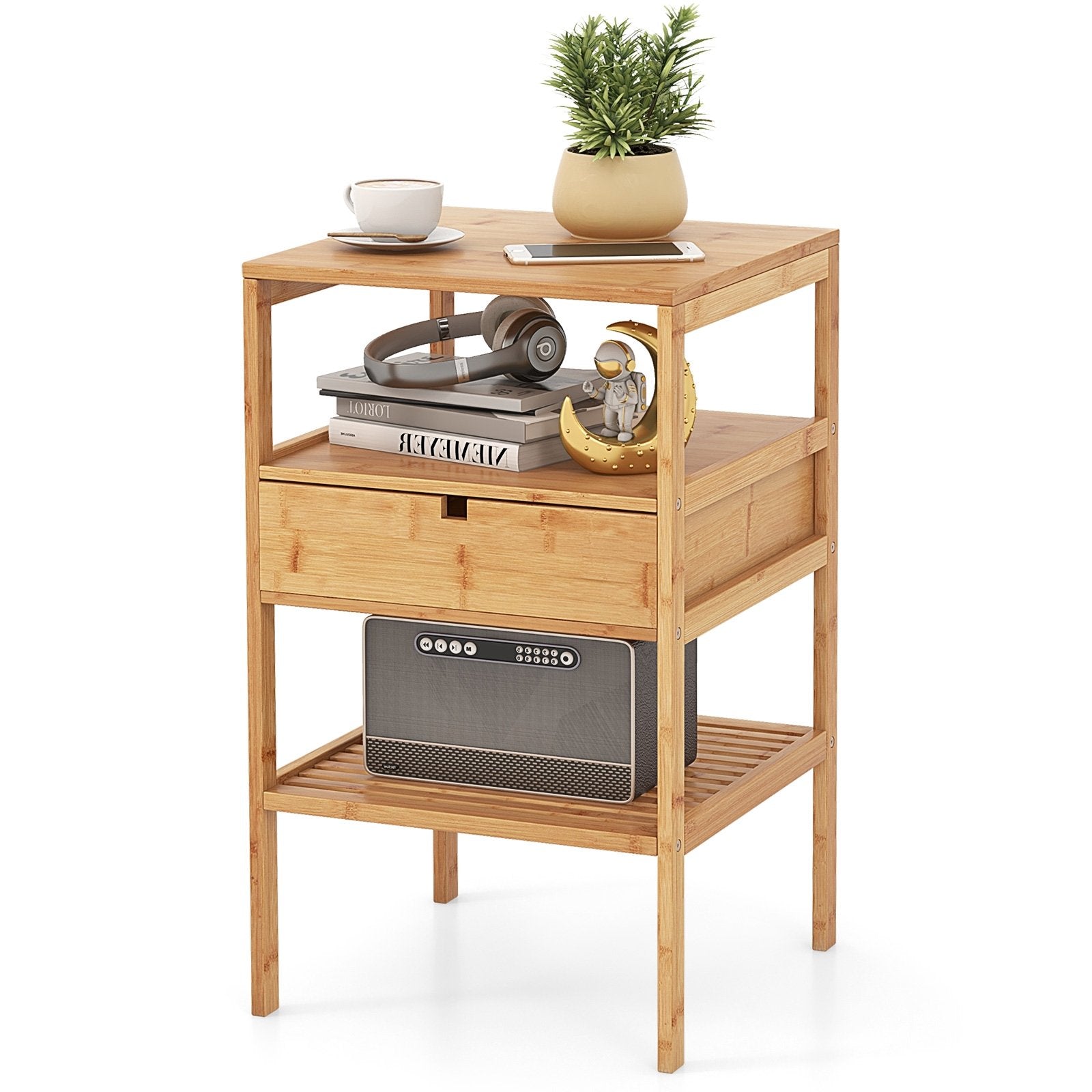 Bamboo Nightstand with Storage Drawer and Slatted Shelf-1 Piece, Natural Nightstands Natural at Gallery Canada