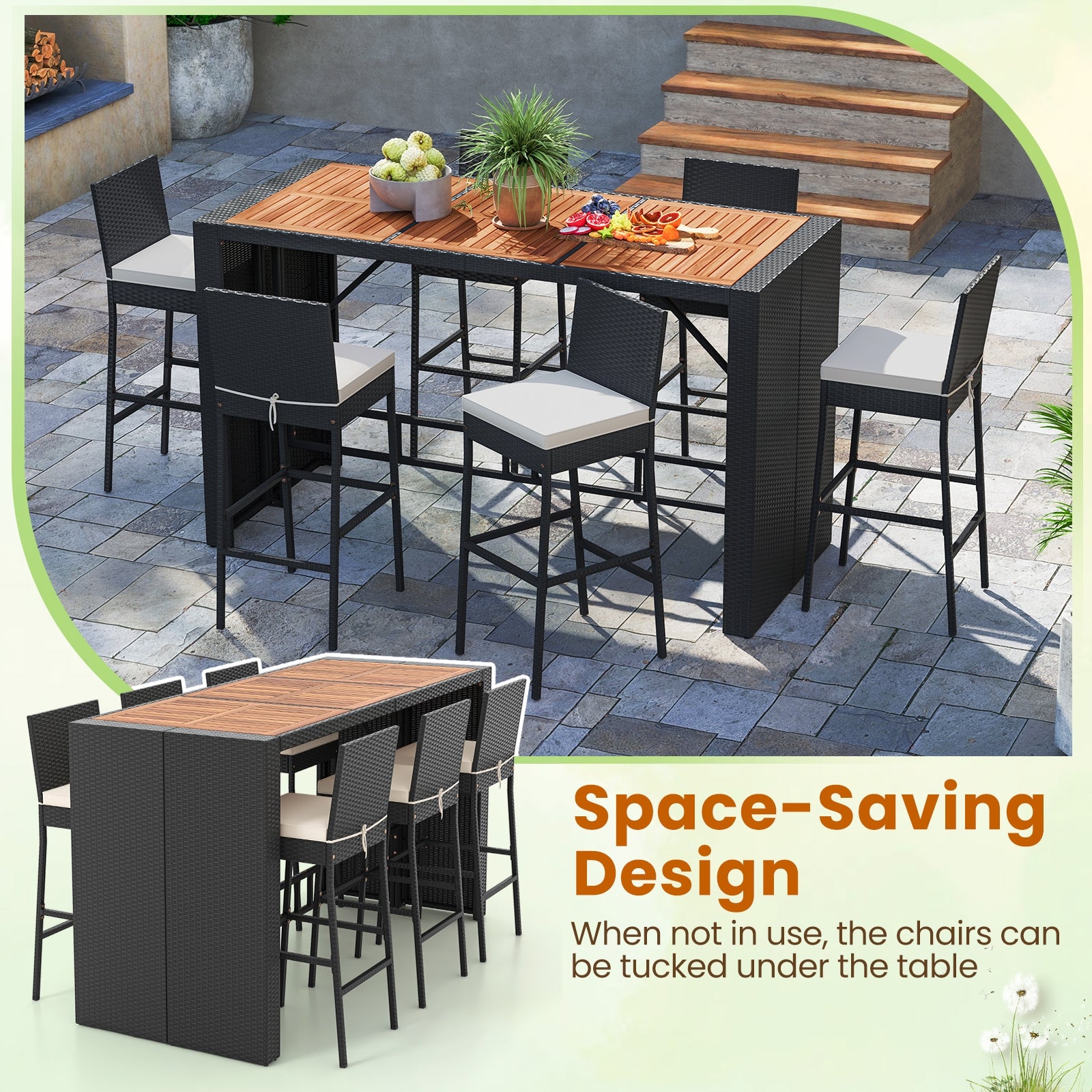 7 Pieces Patio Rattan Bar Set with Seat Cushions for Porch Yard Garden Patio Bar Furniture   at Gallery Canada