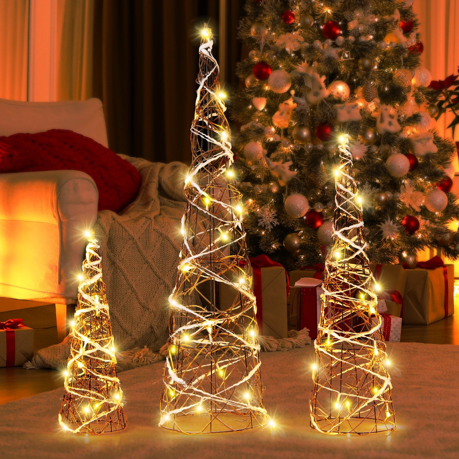 Set of 3 Lighted Rattan Cone Trees with LED Lights and Metal Frame, Brown Christmas Tree   at Gallery Canada