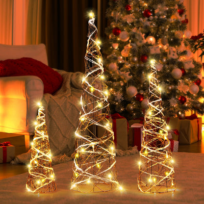 Set of 3 Lighted Rattan Cone Trees with LED Lights and Metal Frame, Brown Christmas Tree   at Gallery Canada