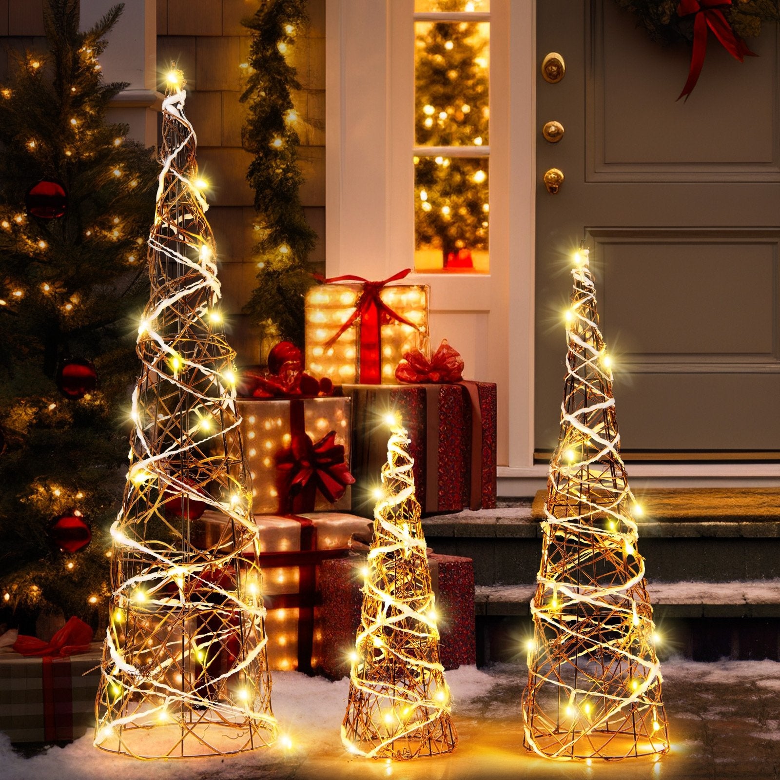 Set of 3 Lighted Rattan Cone Trees with LED Lights and Metal Frame, Brown Christmas Tree   at Gallery Canada