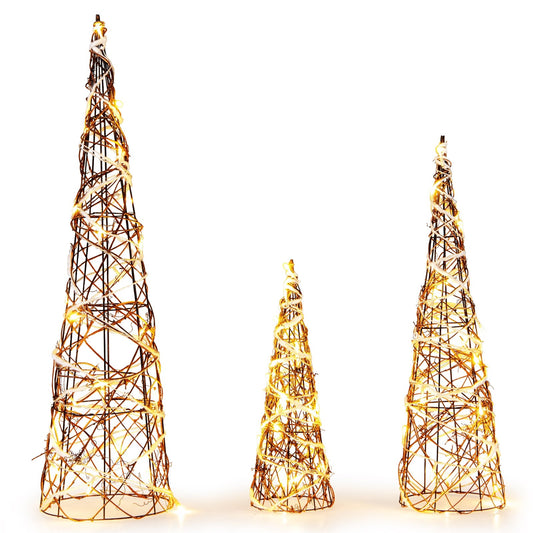 Set of 3 Lighted Rattan Cone Trees with LED Lights and Metal Frame, Brown Christmas Tree Brown  at Gallery Canada