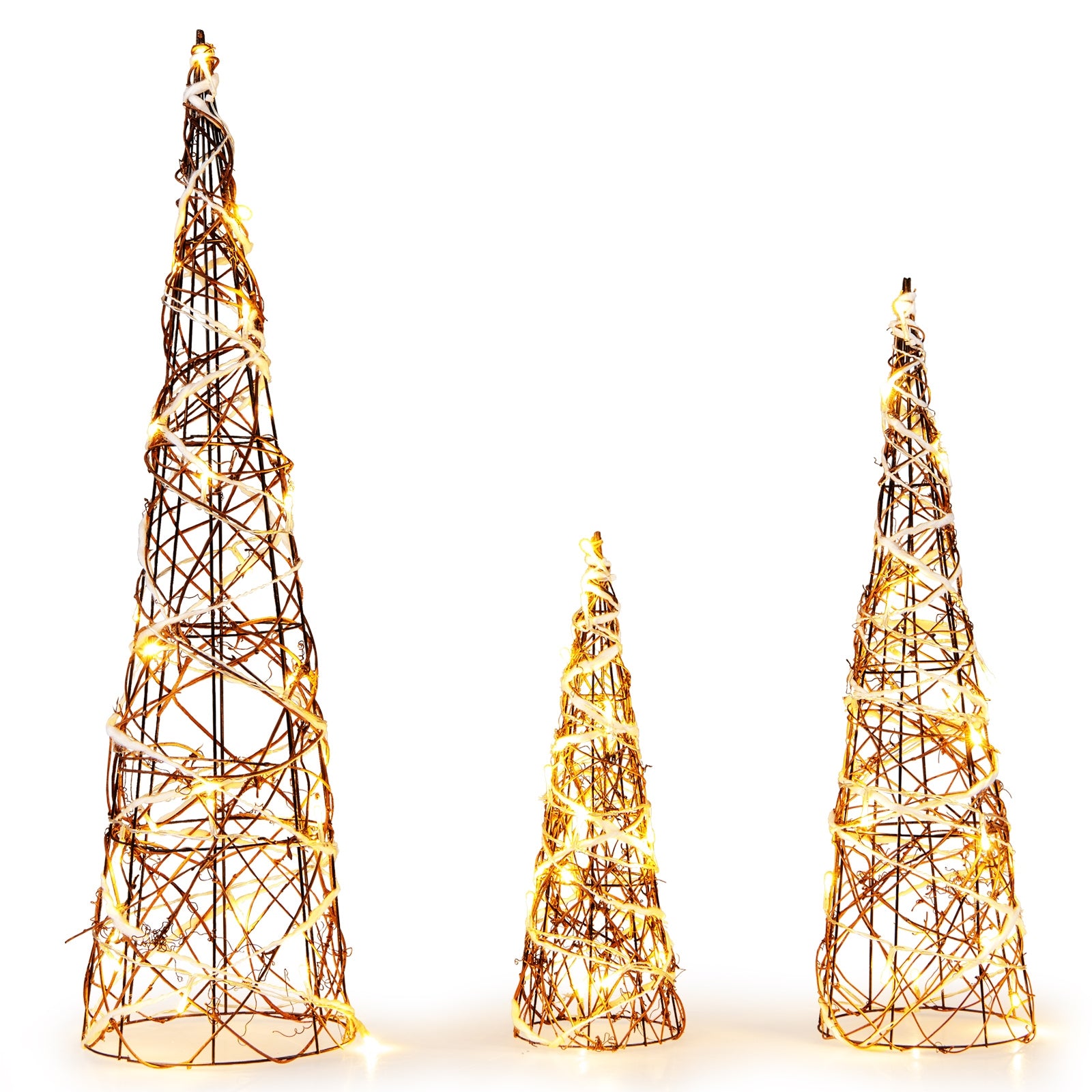 Set of 3 Lighted Rattan Cone Trees with LED Lights and Metal Frame, Brown Christmas Tree Brown at Gallery Canada